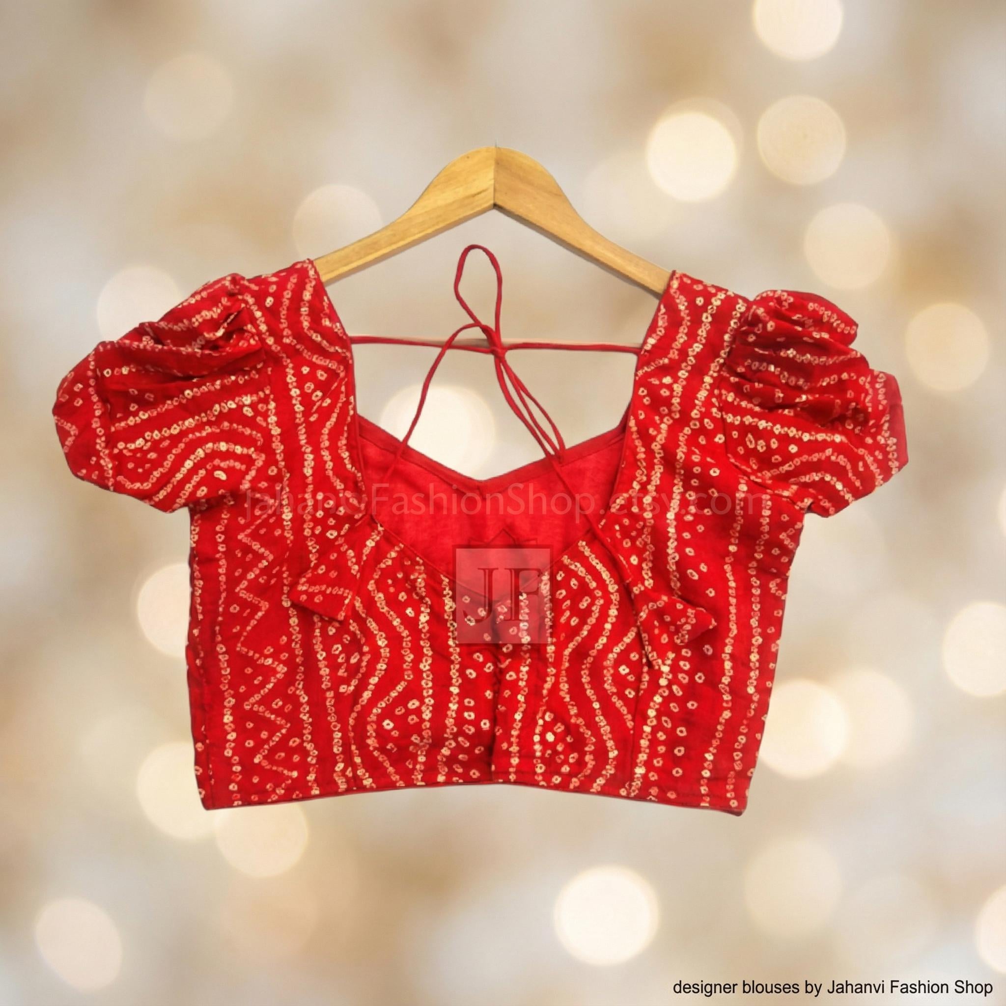 Red Puff Sleeves Rayon Handmade Saree Blouse, Square Neck Ready To Wear Designer Wedding Blouse, Rajasthani Bandhej Party Wear Crop Top
