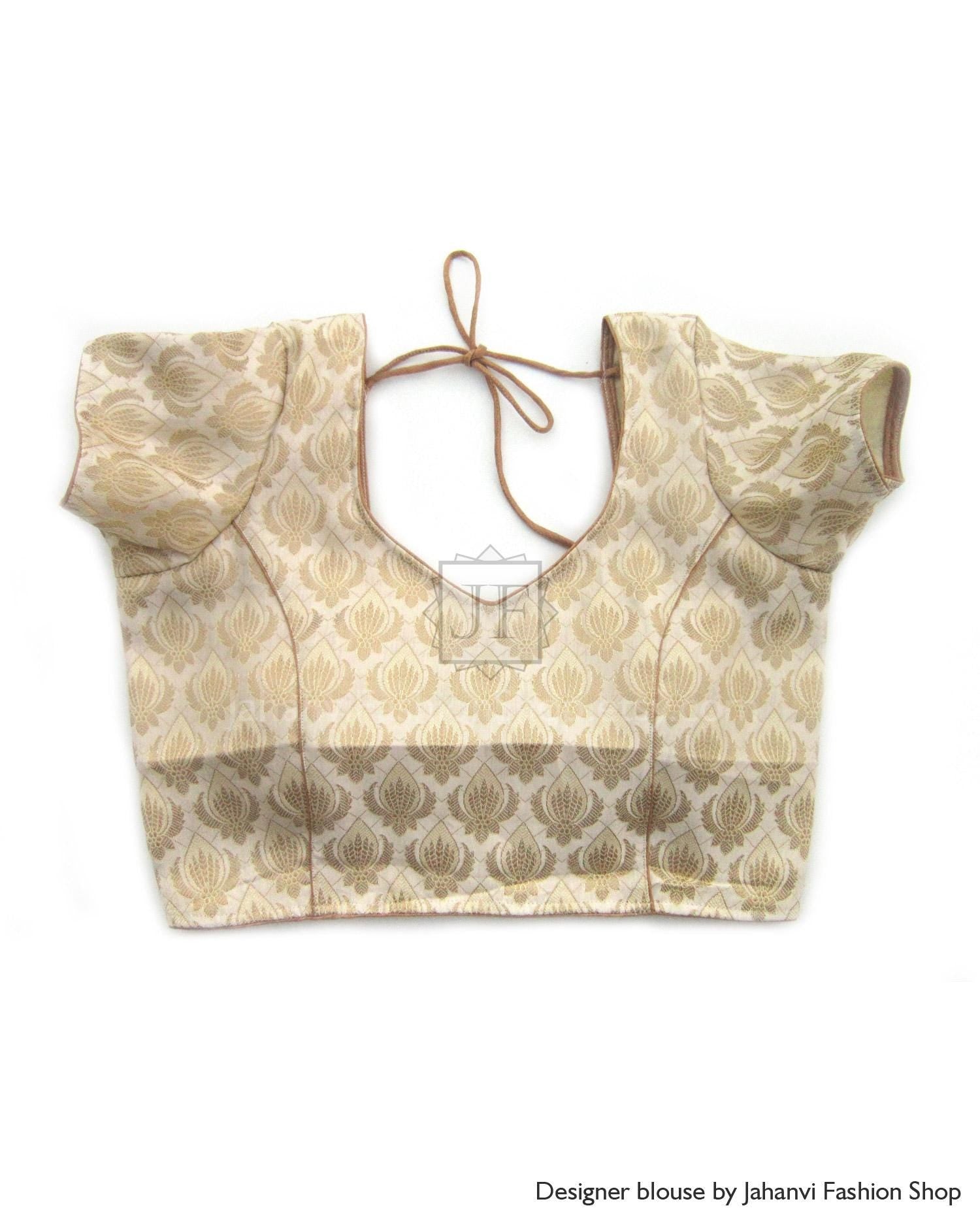 Gold and cream brocade saree blouse with sweetheart neckline and short puff sleeves