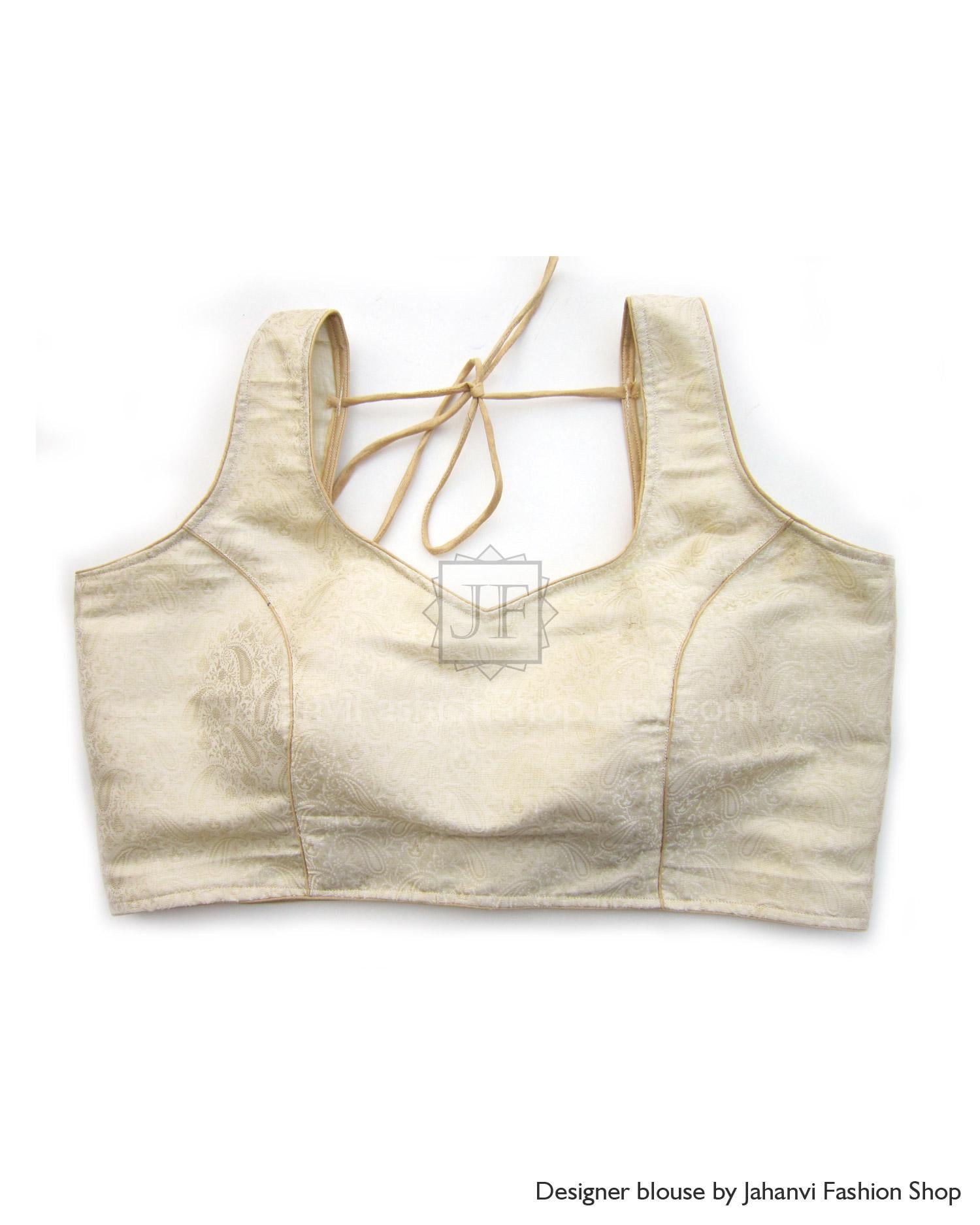 Cream-gold brocade saree blouse, U-neck with tie straps and short sleeves