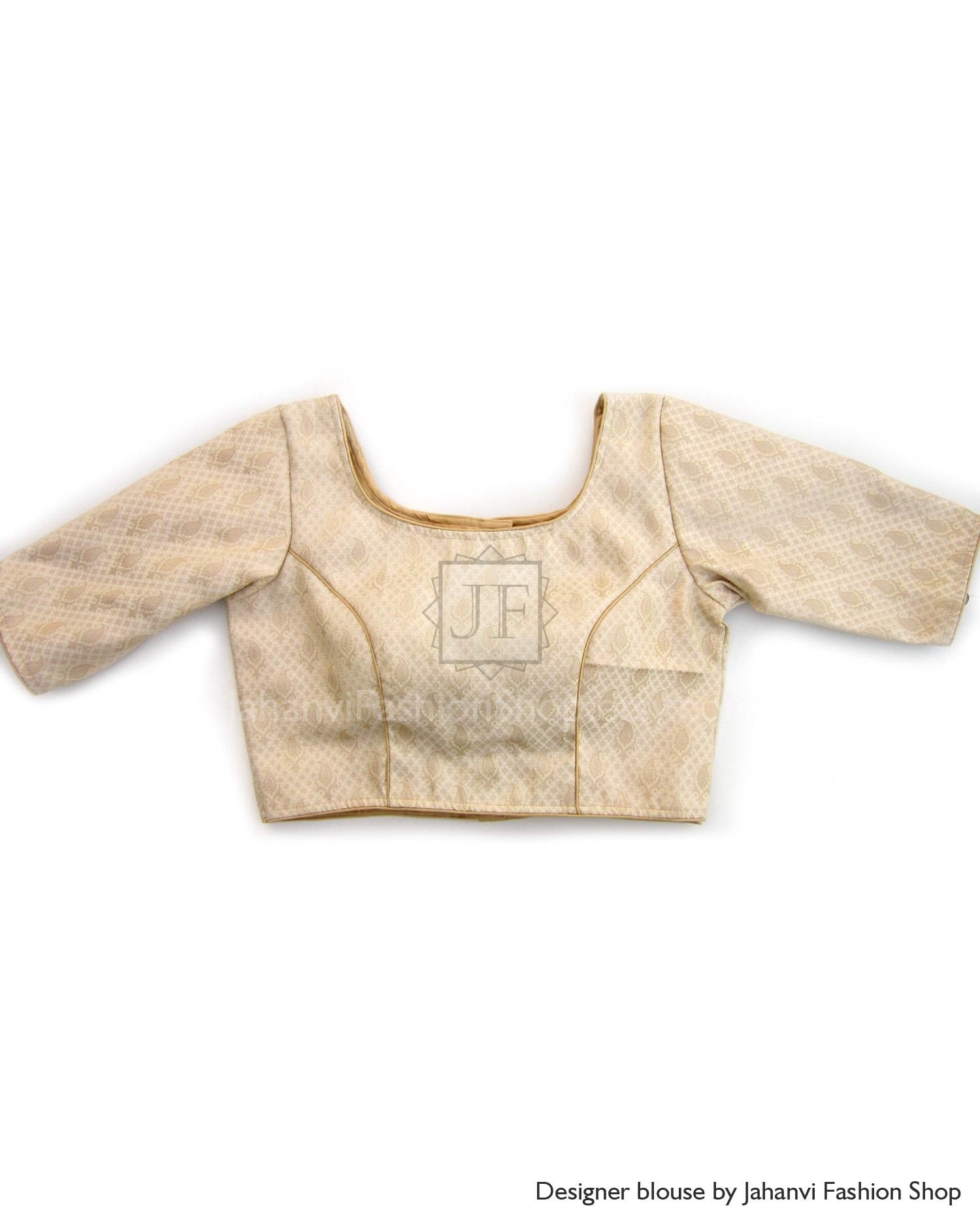 Indian Designer Golden Saree Blouse: Quarter Sleeves, Made To Order