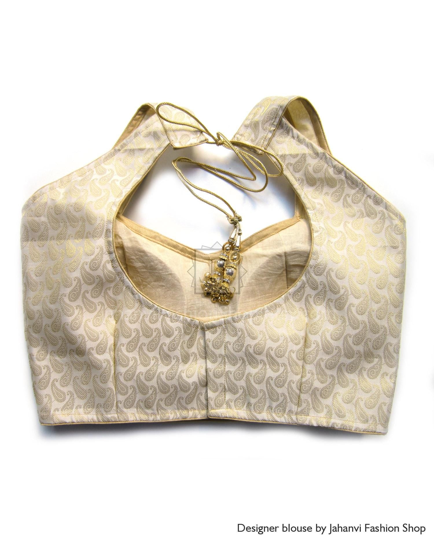 Golden Halter Neck Blouse: Bollywood Party Wear Saree Top, Designer Top - Custom Fit