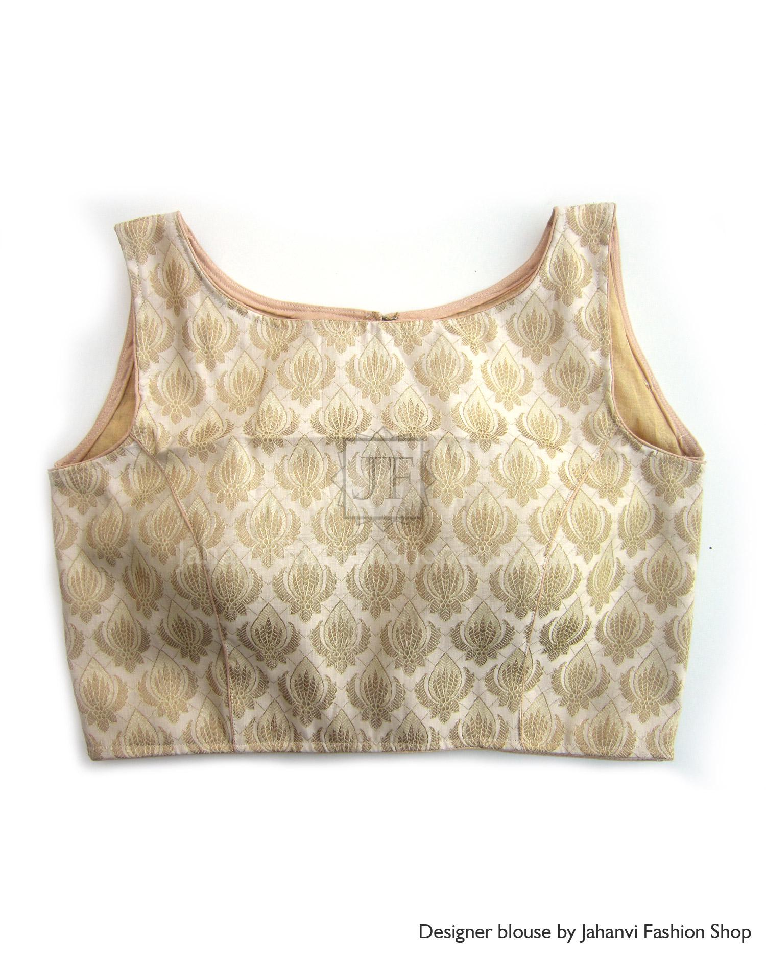 Sleeveless saree blouse with boat neck, gold-toned leaf print, princess cut seams