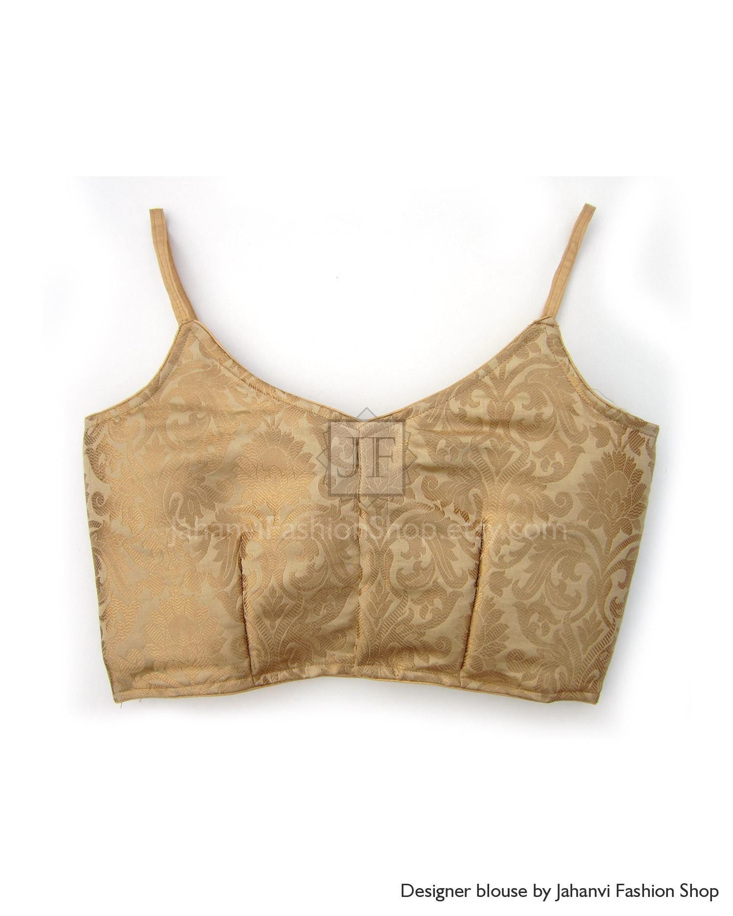 Party Wear Spaghetti Strap Brocade Saree Blouse: Back Open, Princess Cut