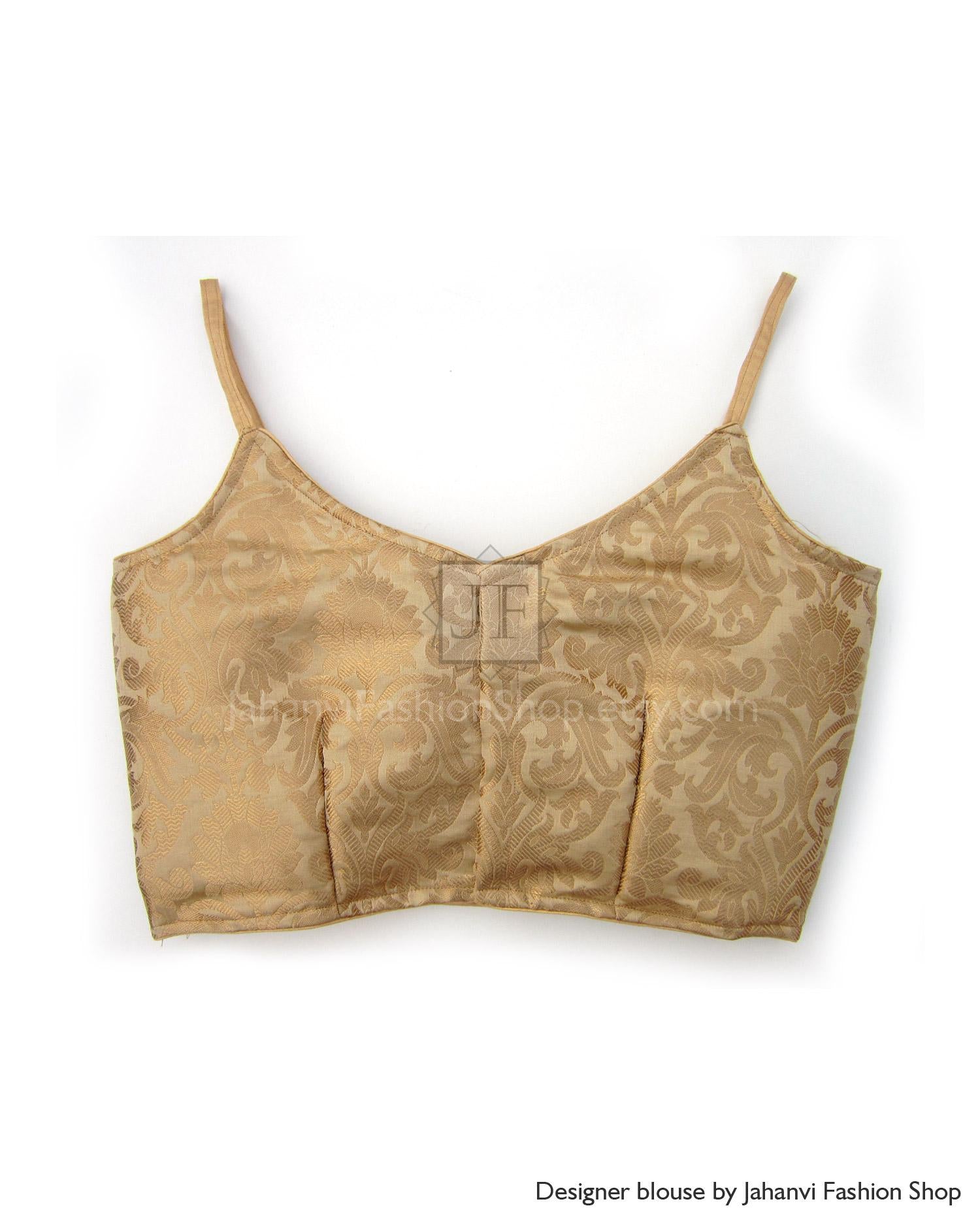 Golden brocade blouse, spaghetti straps and princess-cut panels with open back V