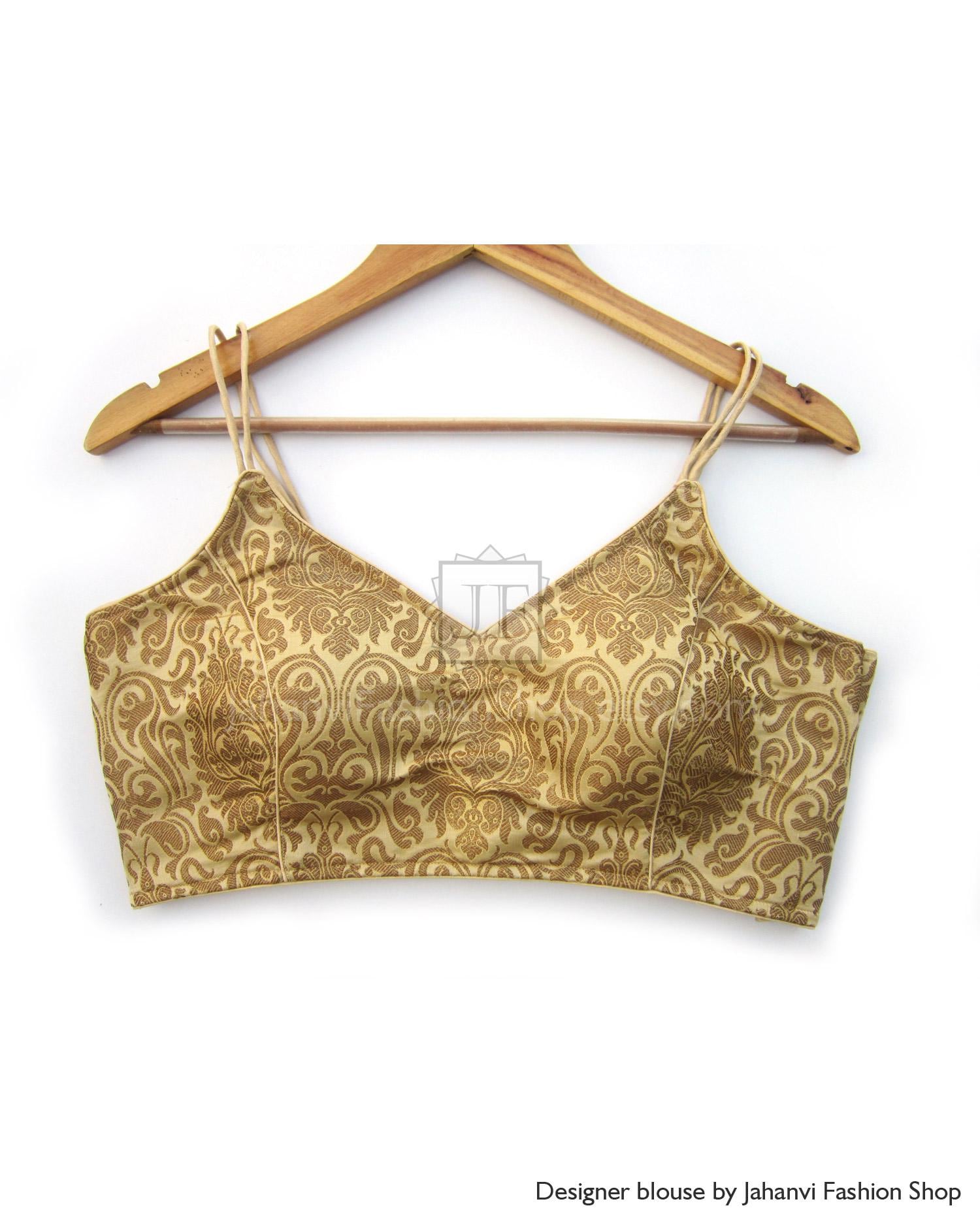 Strappy Golden Saree Blouse: Back Open, Padded, Embellished Design