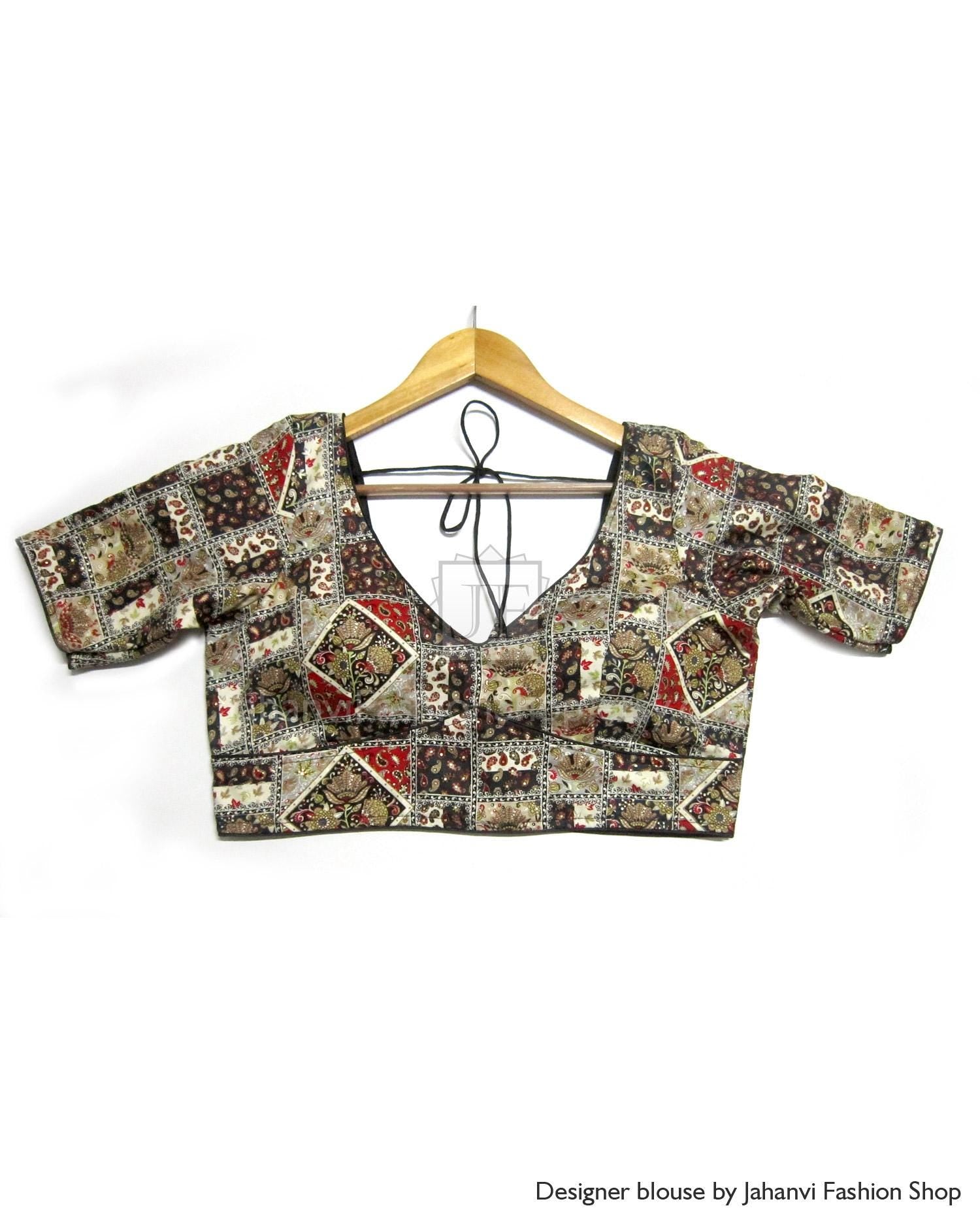 V-Neck Sabyasachi Saree Blouse: Designer Checks Pattern, Short Sleeves