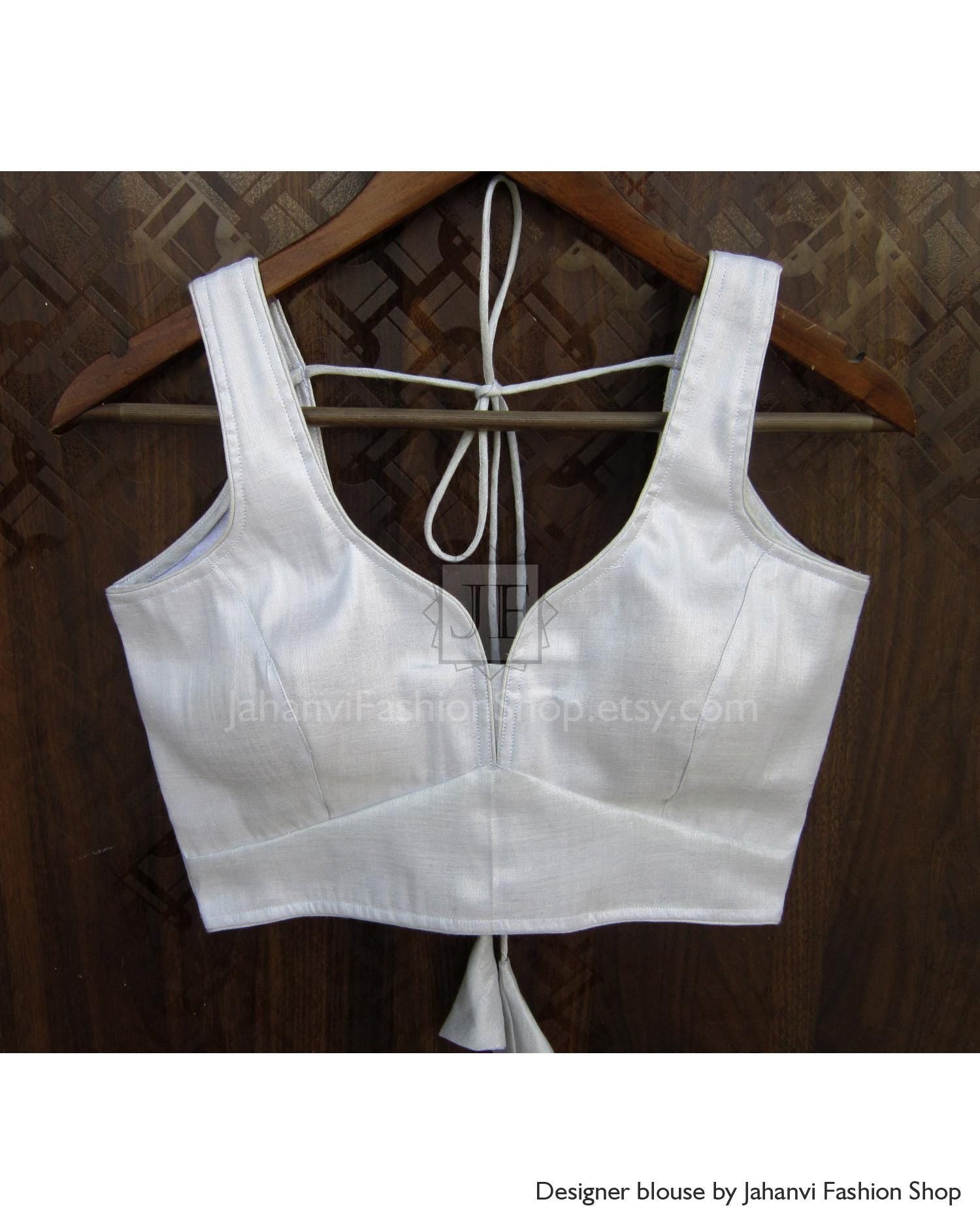 White saree blouse crop top with sweetheart neckline and tie-back open back