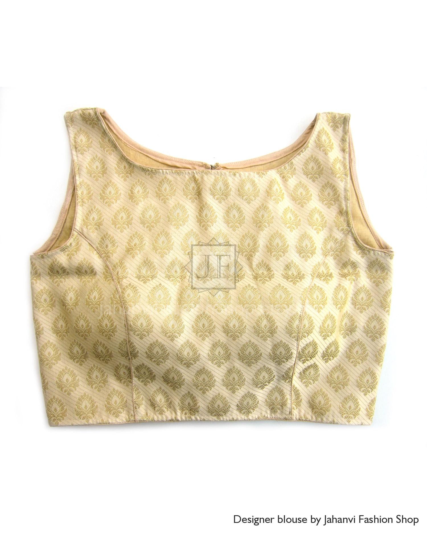 Brocade Made to Order Boat Neck Saree Blouse- Indian Sari Top, Sleeveless