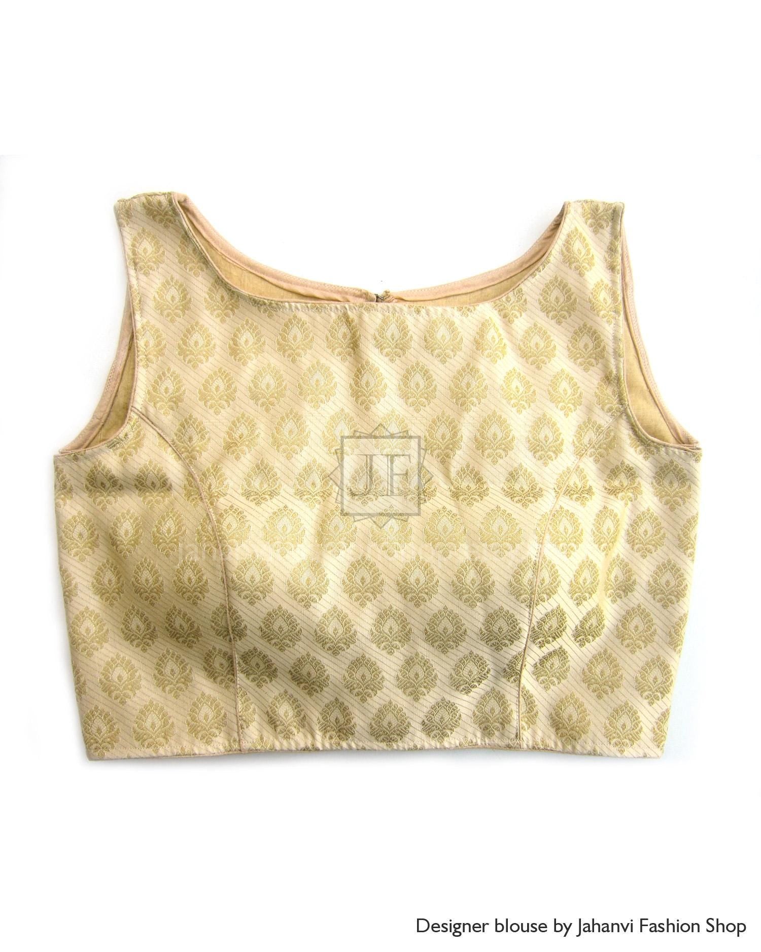 Sleeveless boat-neck brocade blouse in gold pattern, rounded neckline and back slit