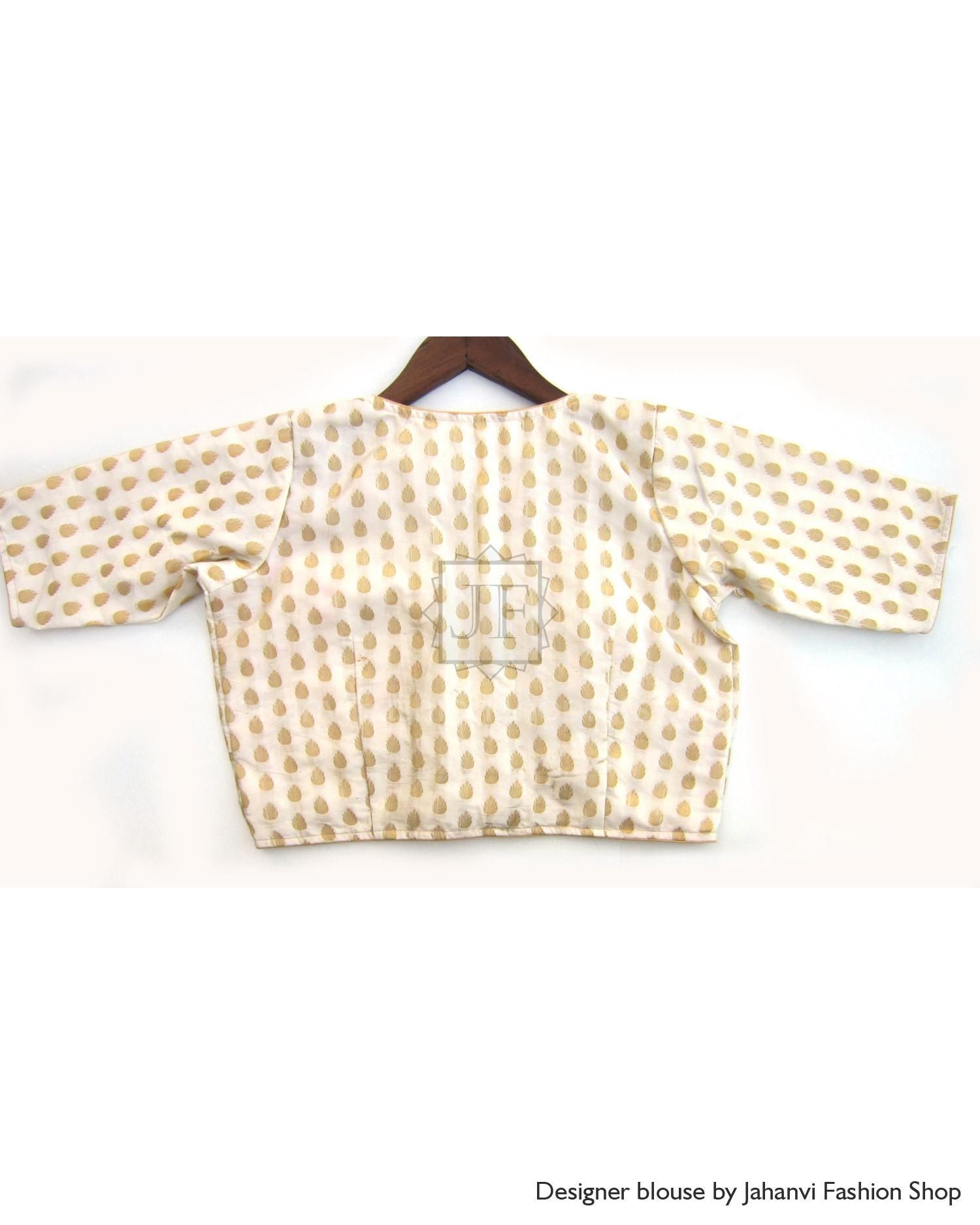 Off-White Saree Blouse- Readymade Wedding Chanderi Crop Top, Lightweight