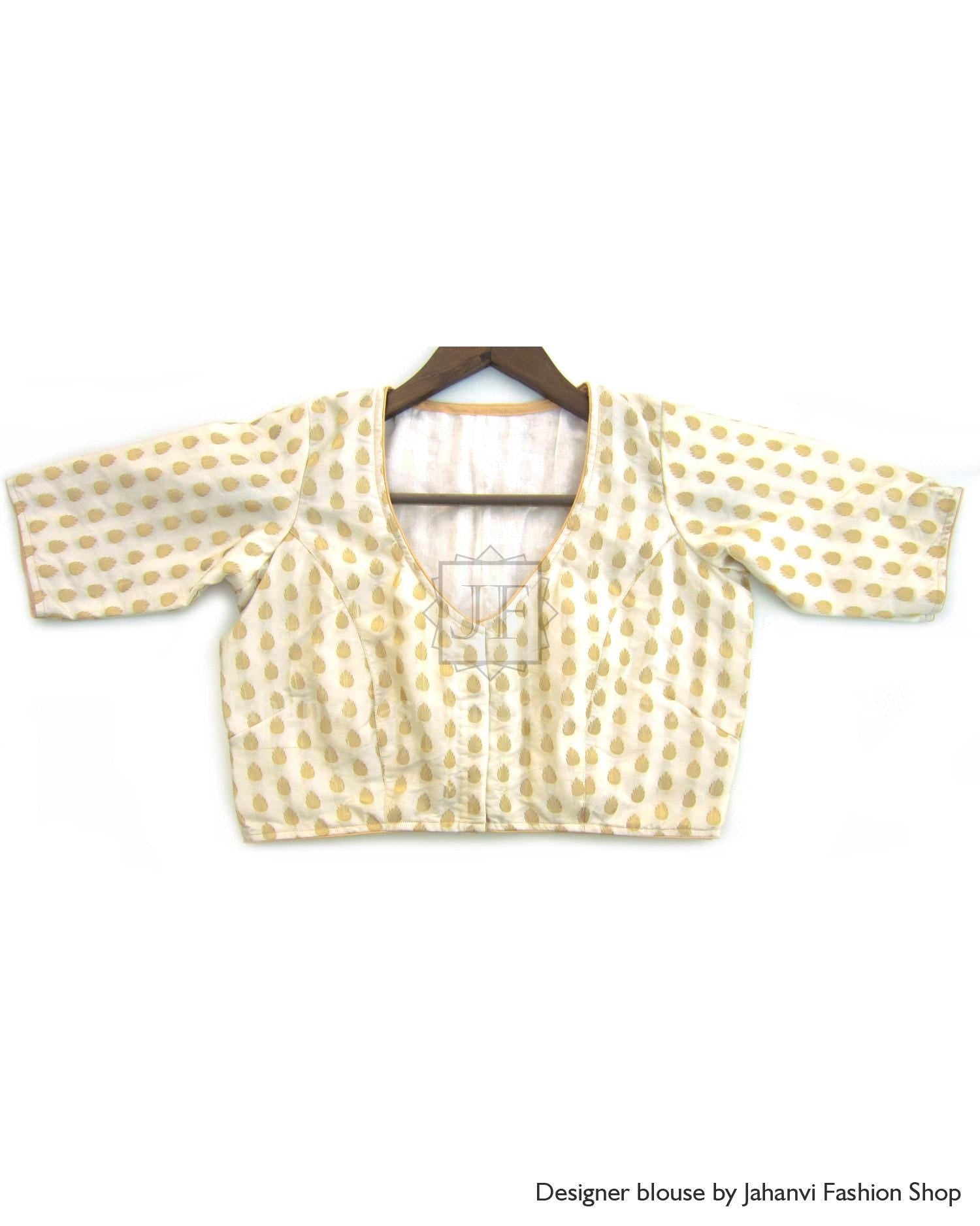 Off-White Saree Blouse: Readymade Wedding Chanderi Crop Top, Lightweight