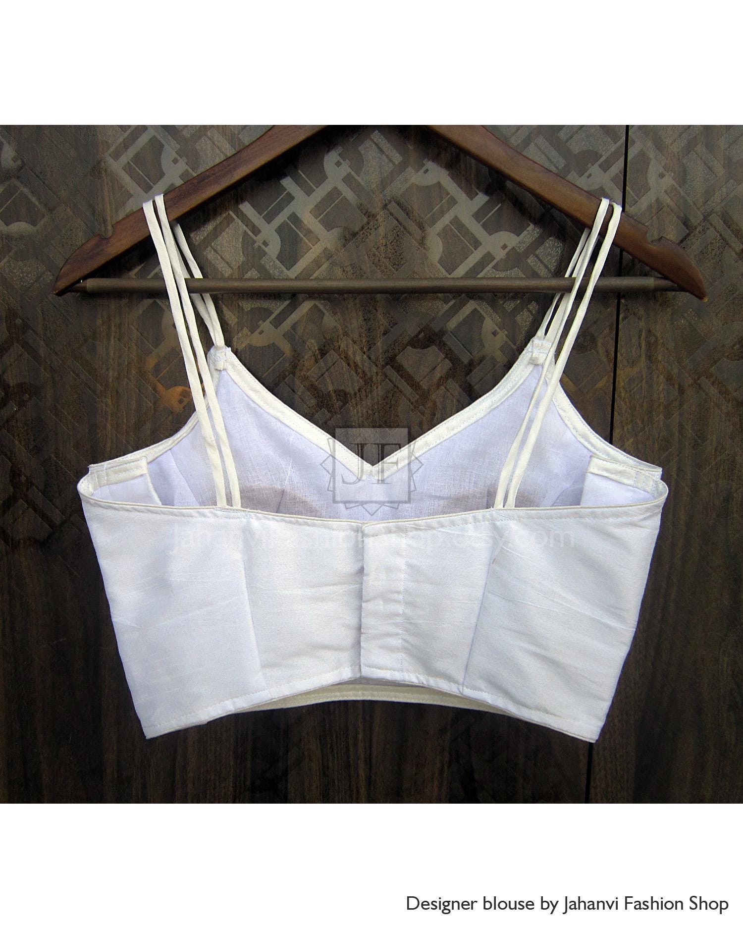 White dupion silk spaghetti-strap blouse with V-neck and structured side panel seams