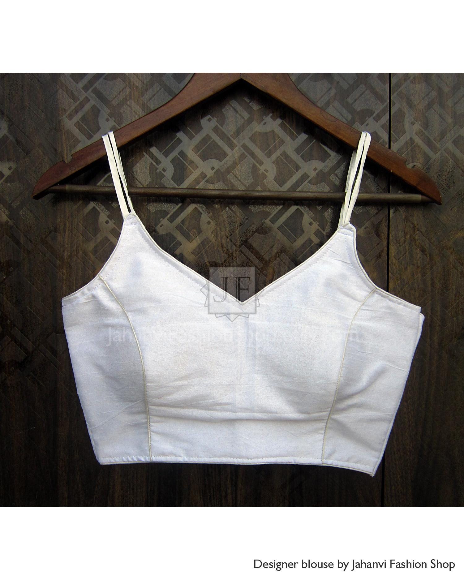 White dupion silk spaghetti-strap blouse with V-neck, fitted bust and back darts