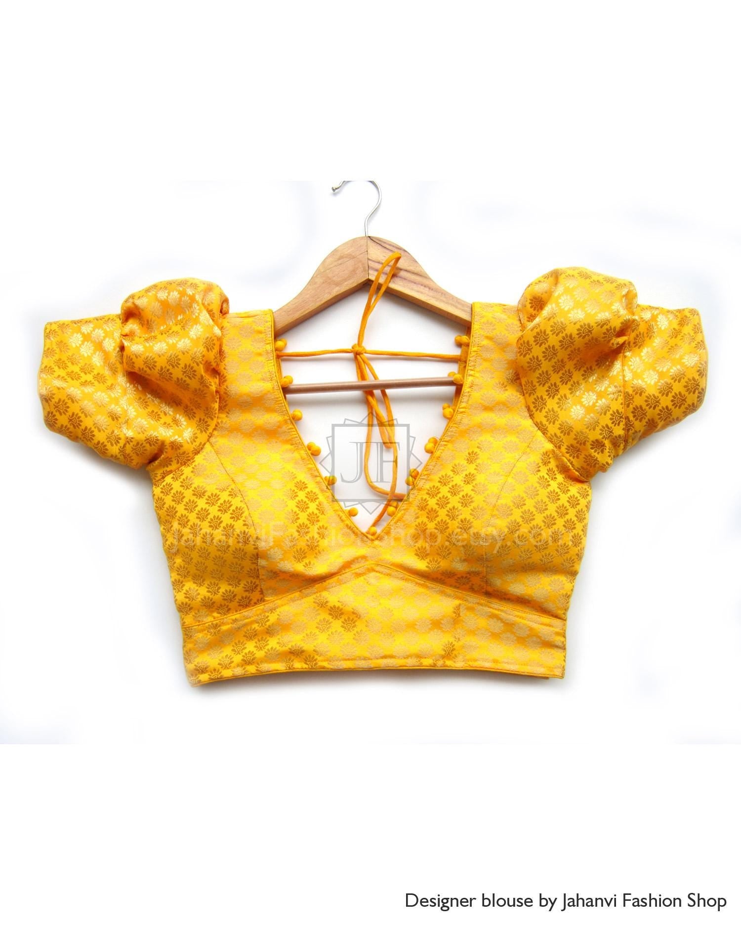 Puff Sleeves V-Neck Saree Blouse- Made To Order Designer Bridal Sari Top