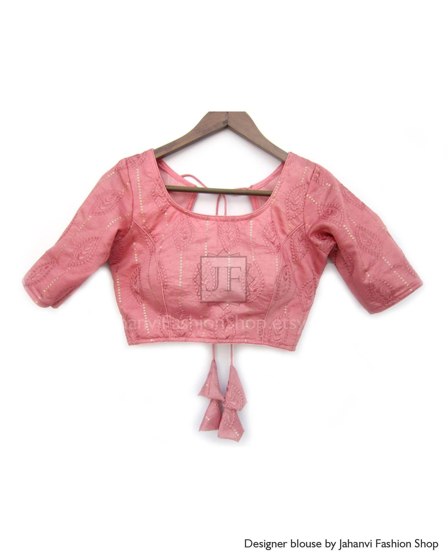 Rose Pink Sequins Embroidery Designer Perfect Fit Saree Blouse, Round Neck Back Tie Up Party Wear Crop Top With Premium Fabric, Order Custom