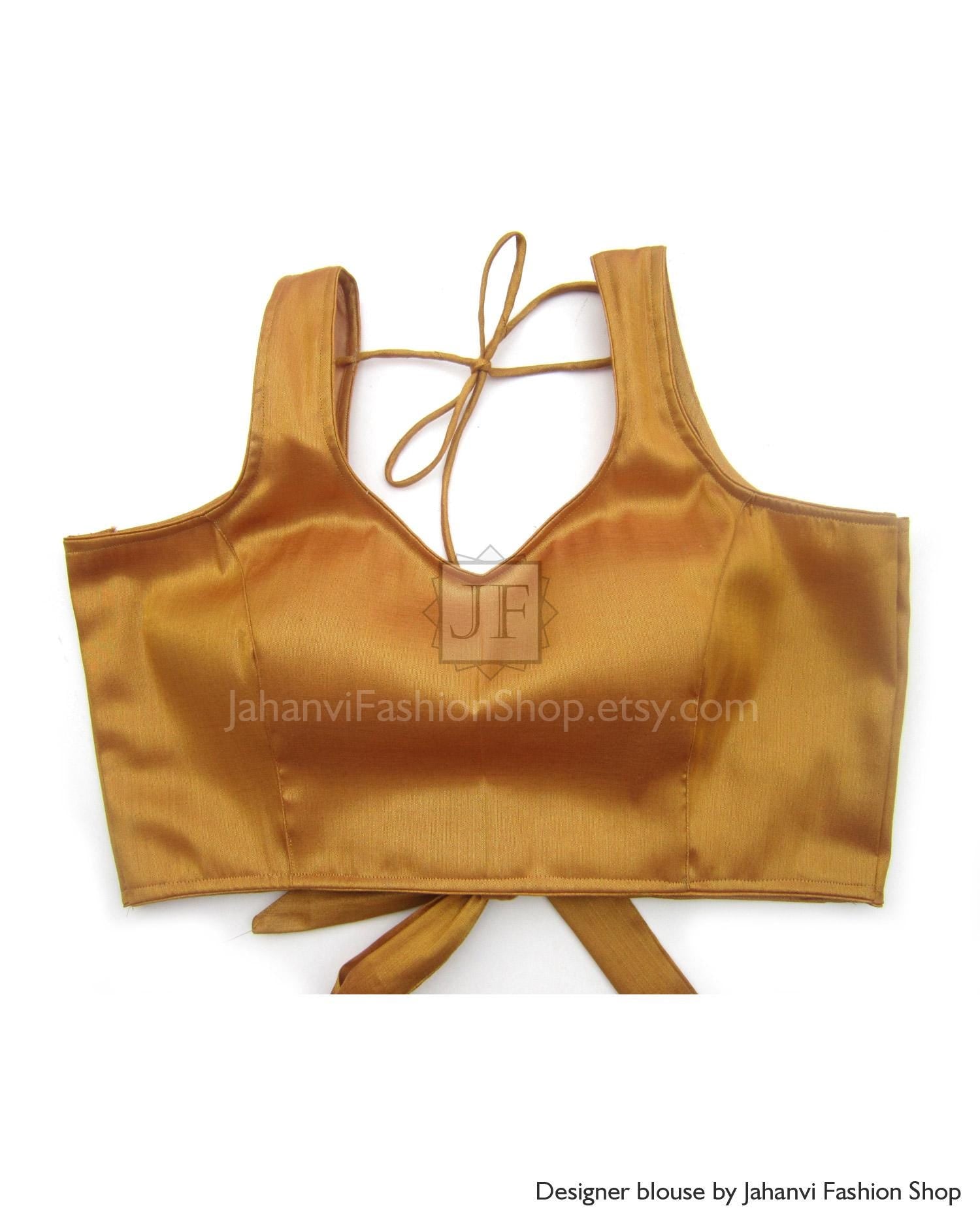 Golden Backless knob Tie Saree Blouse: Sleeveless Designer Party Wear Top for Women