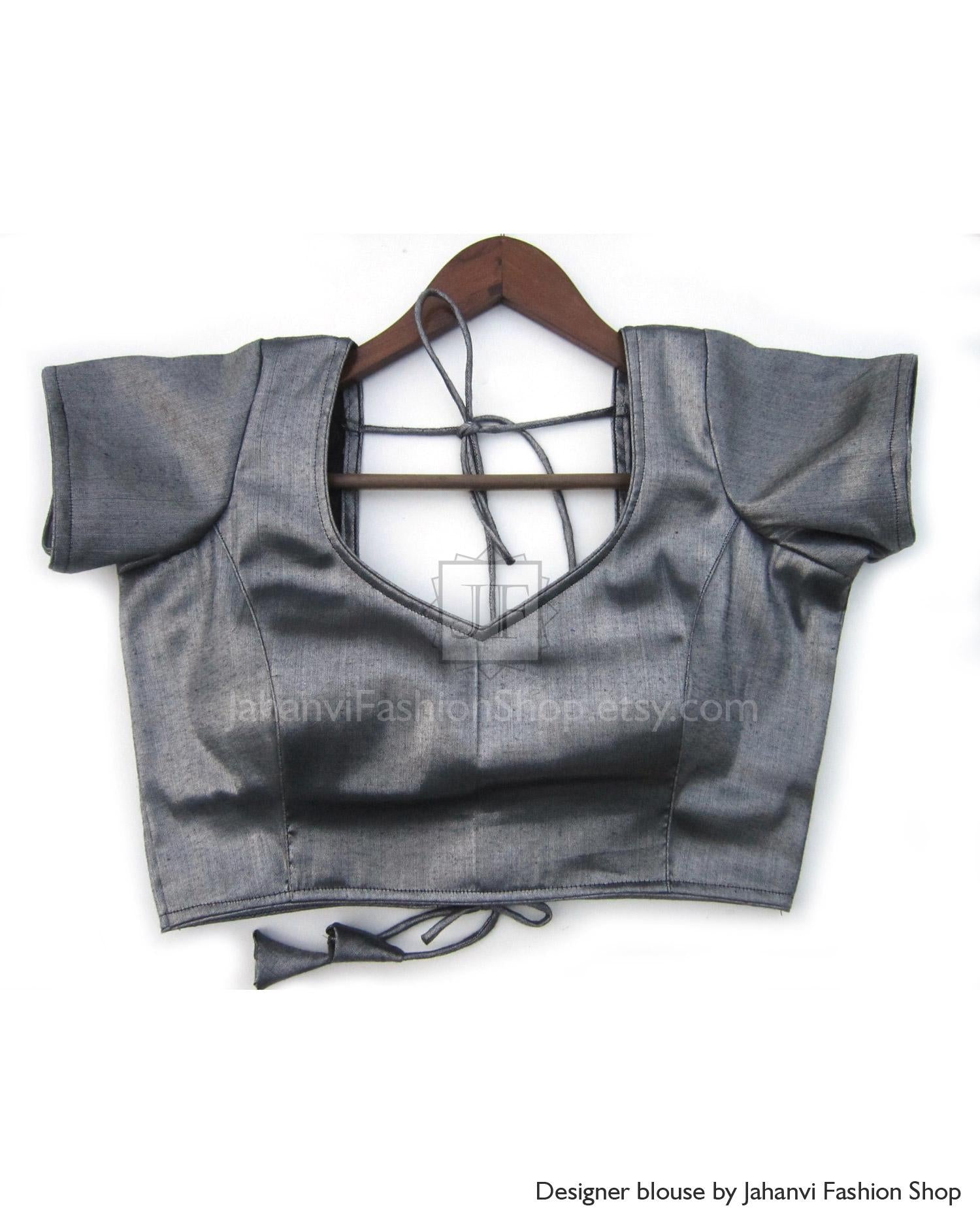 Gray dupion silk saree blouse with puff sleeves and back lace-up detail on hanger
