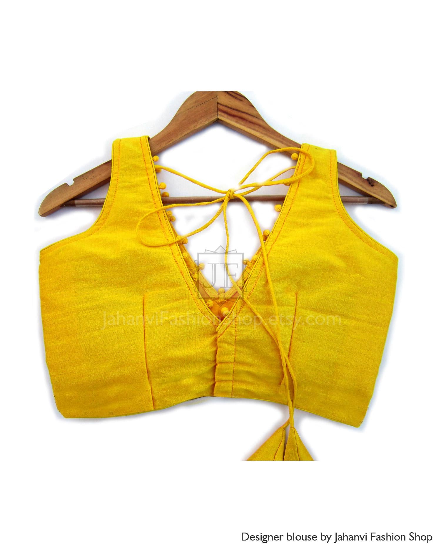 Sabyasachi Saree Blouse: Dupion Silk V-Neck Custom Made Crop Top
