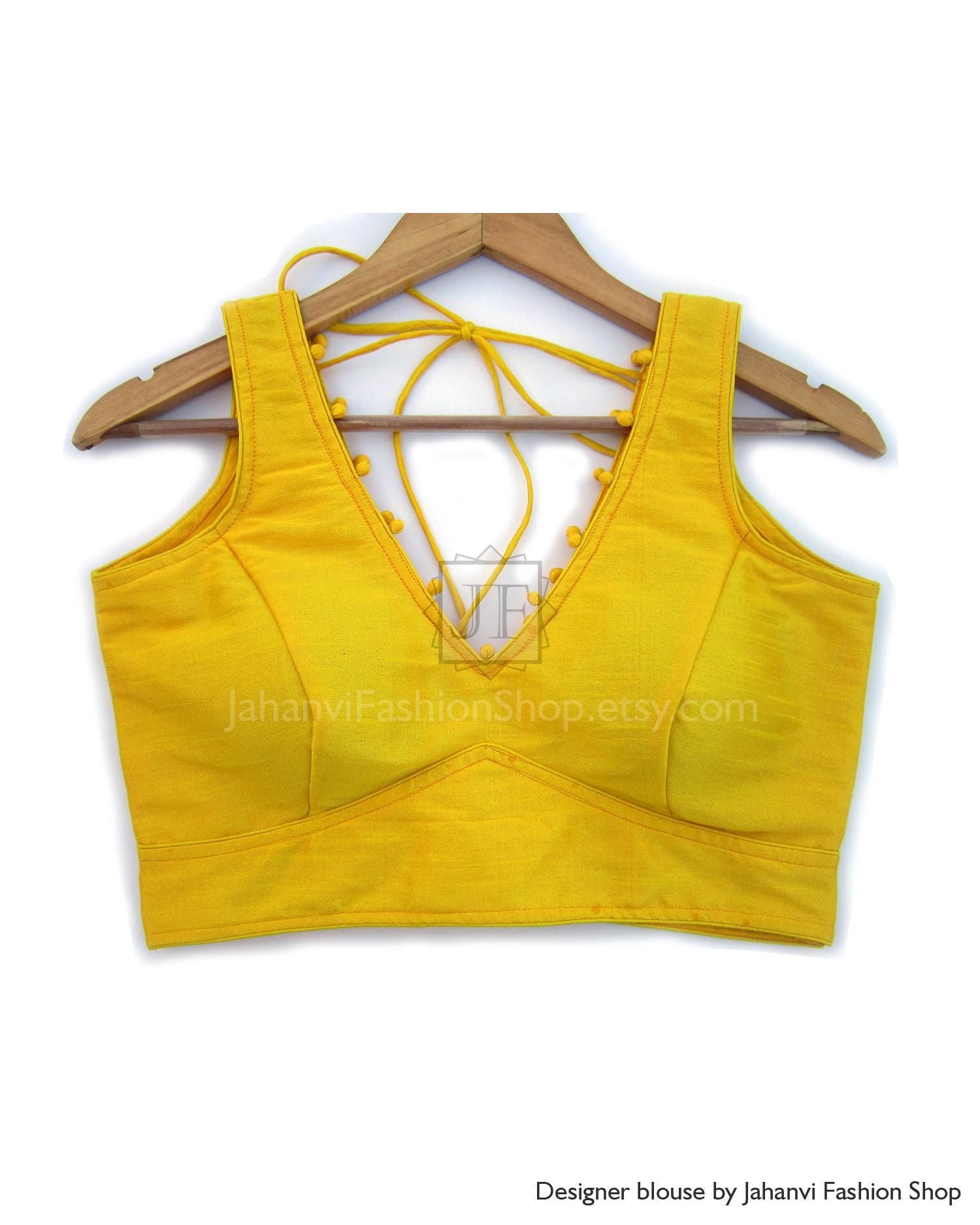 Yellow dupion silk crop blouse with V-neck and crisscross tie-back straps