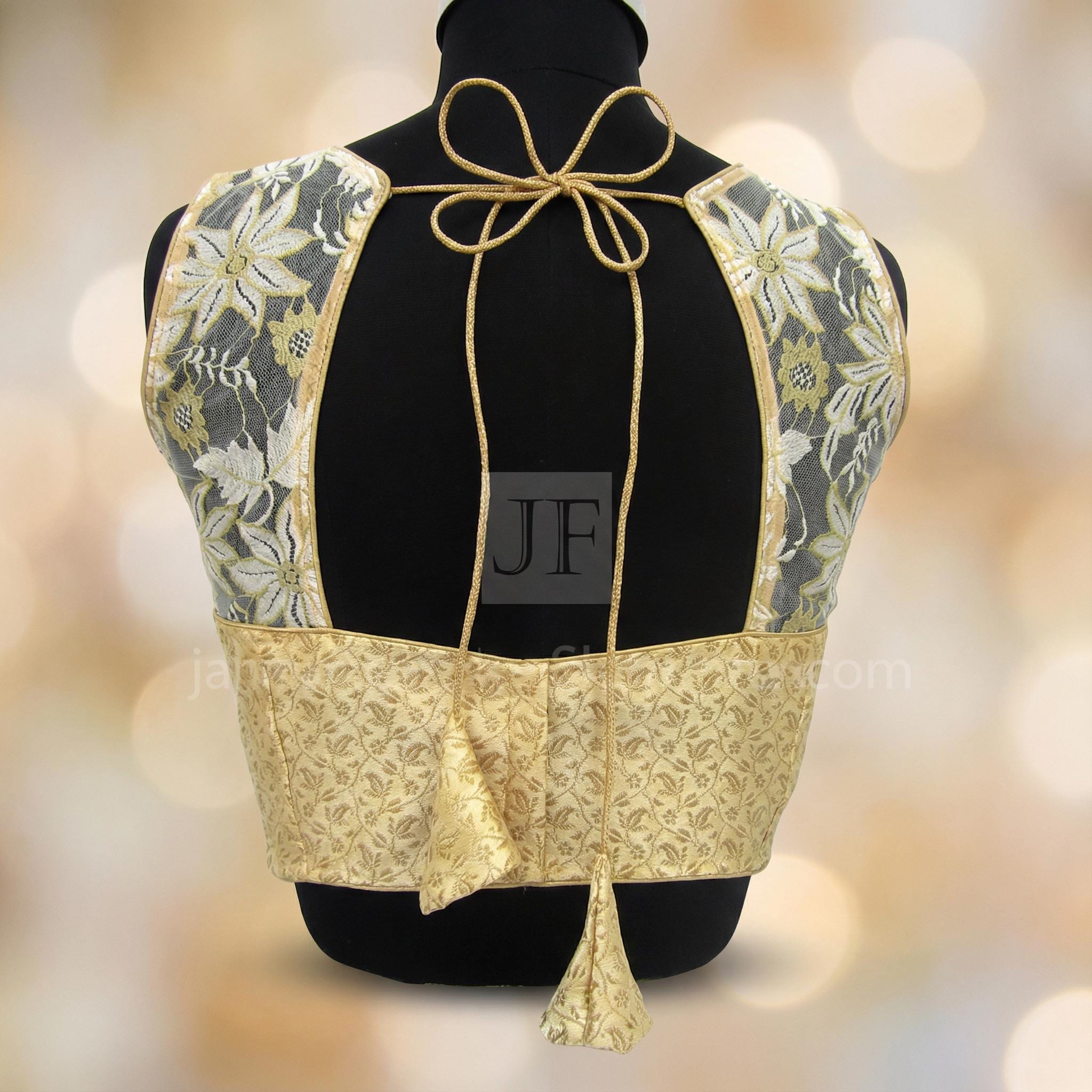 Gold brocade saree blouse crop top back with lace-up tie and scalloped sheer side panels
