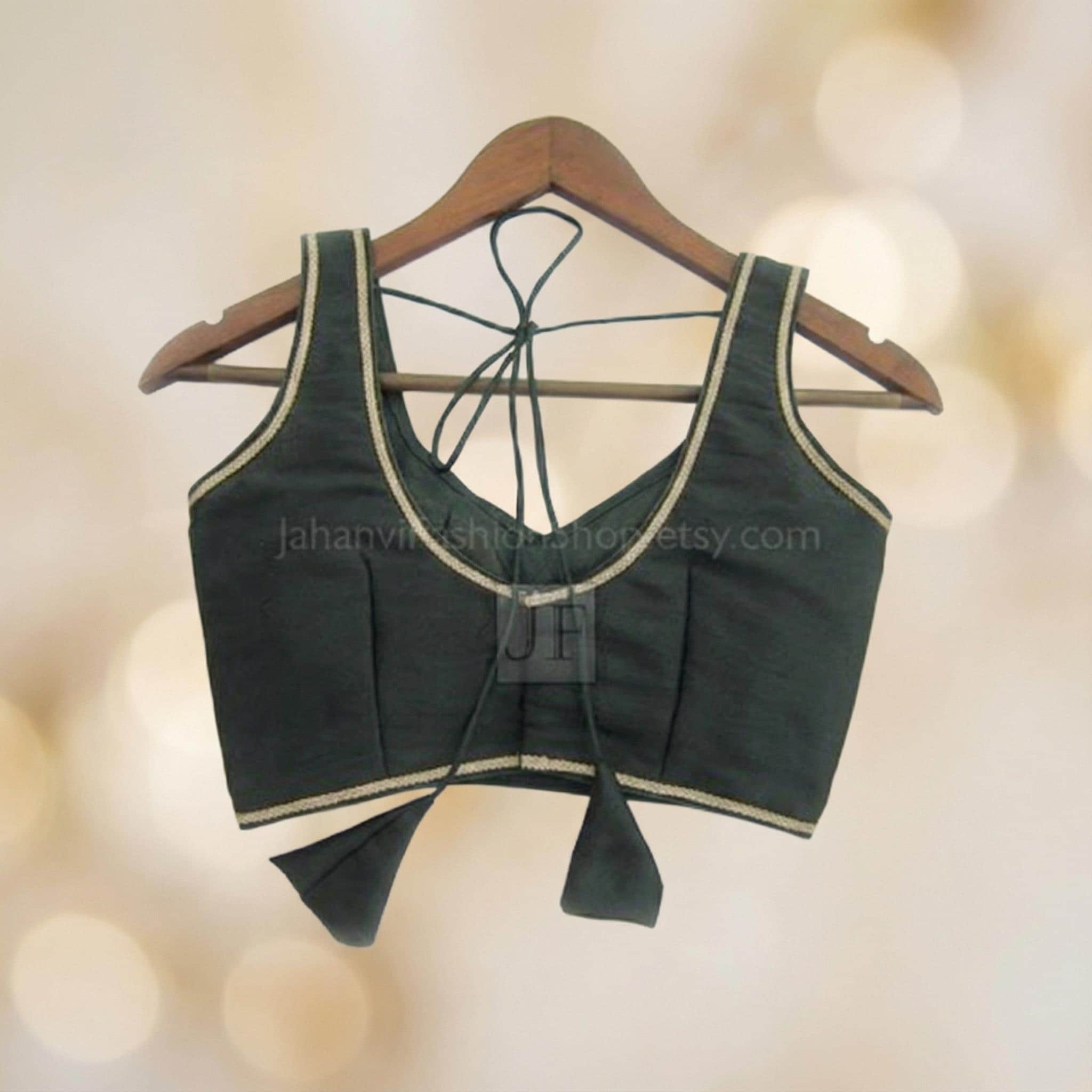 Golden Trim Saree Blouse - Back Open, Padded Cups, Custom Fit