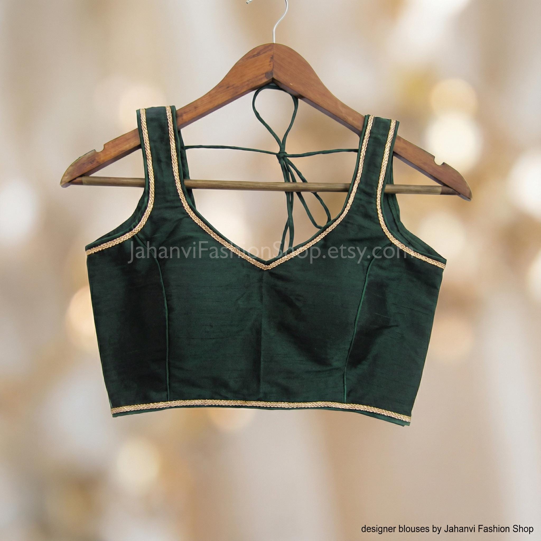 Golden Trim Saree Blouse - Back Open, Padded Cups, Custom Fit