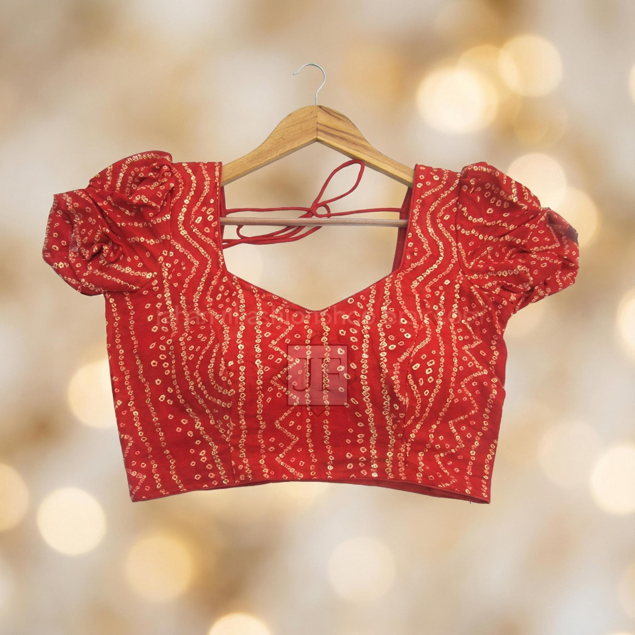 Red Puff Sleeves Rayon Handmade Saree Blouse, Square Neck Ready To Wear Designer Wedding Blouse, Rajasthani Bandhej Party Wear Crop Top
