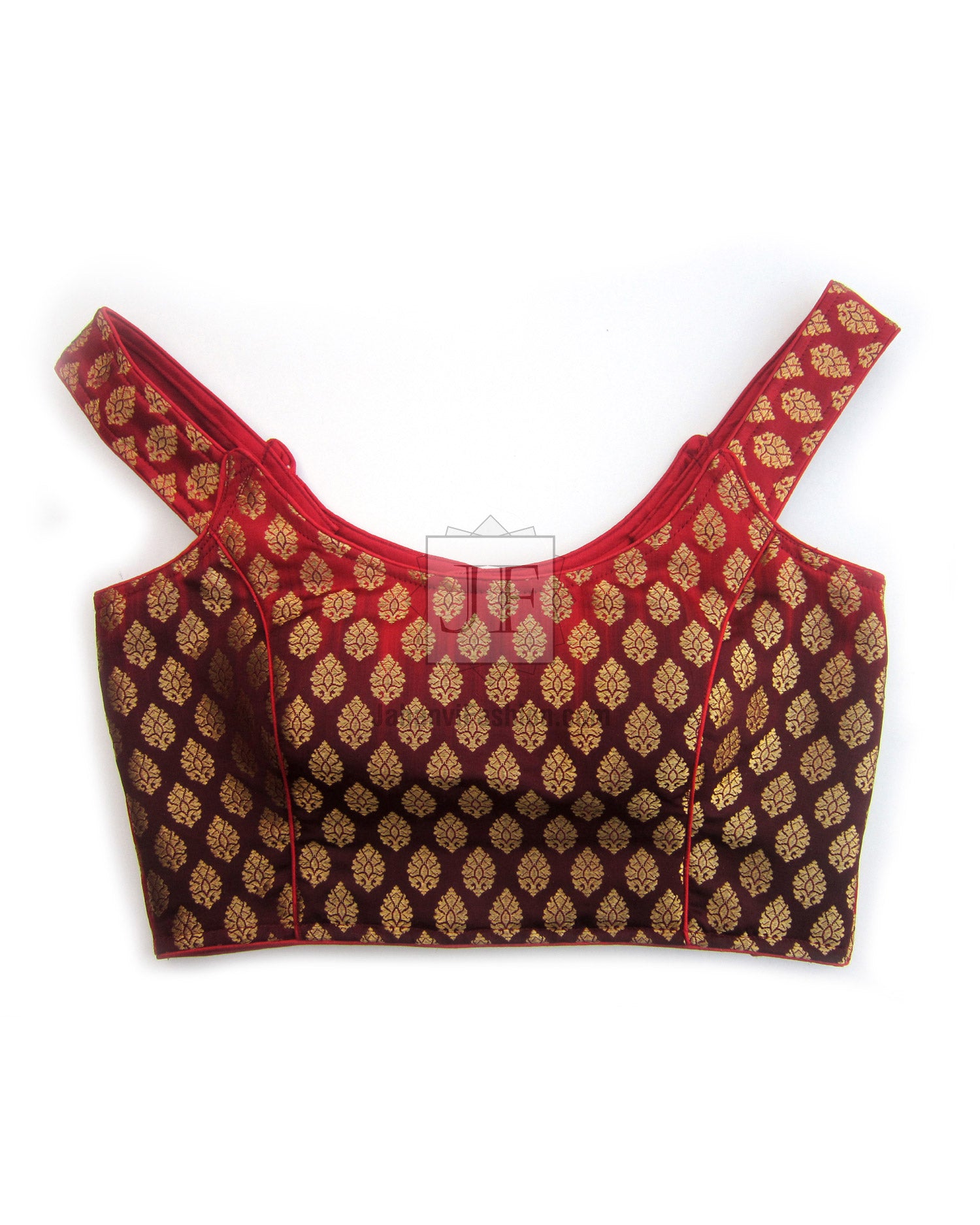 Off-shoulder brocade saree blouse, dark burgundy with gold patterned panels