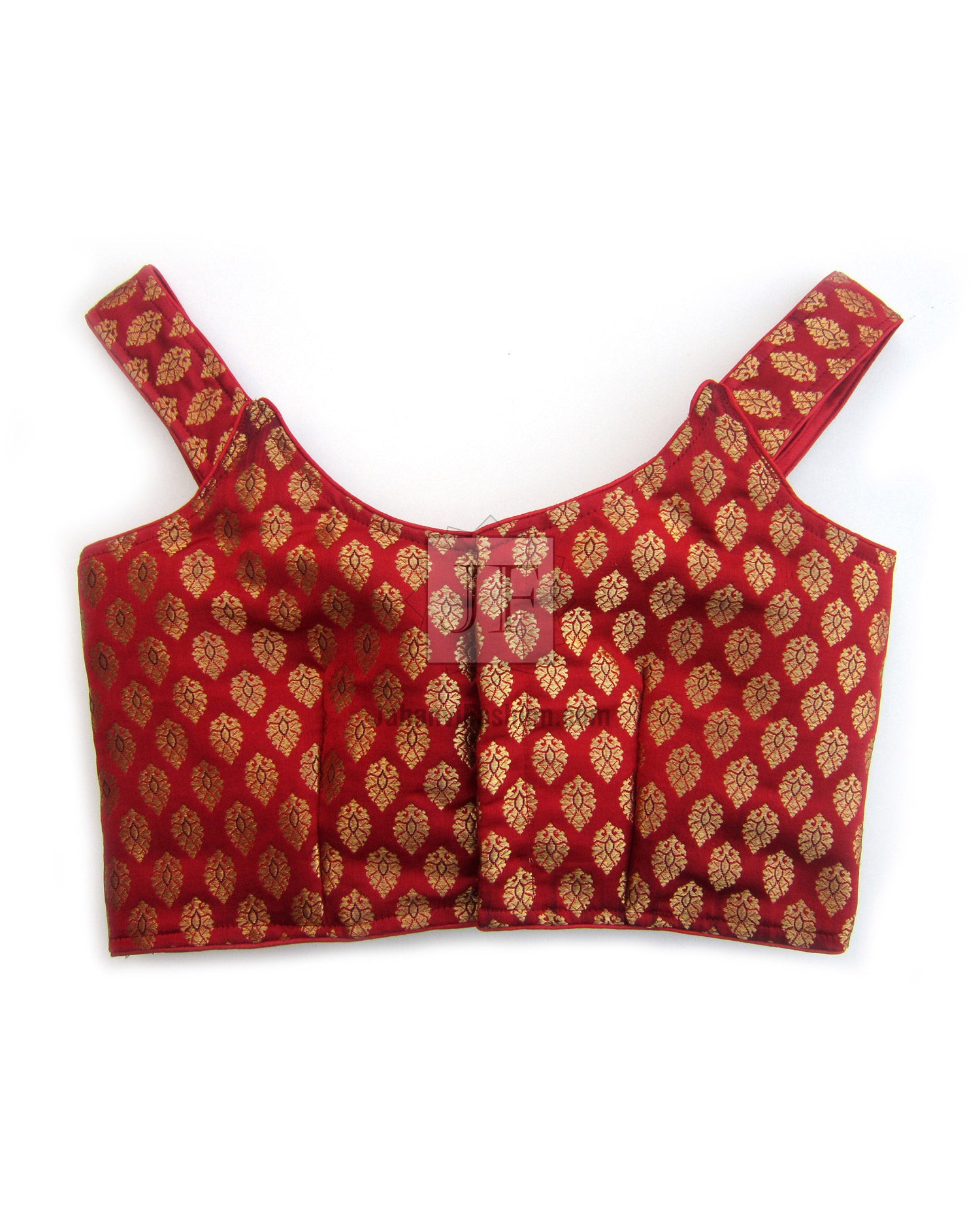 Off-shoulder brocade saree blouse, dark burgundy with gold motifs and center pleats