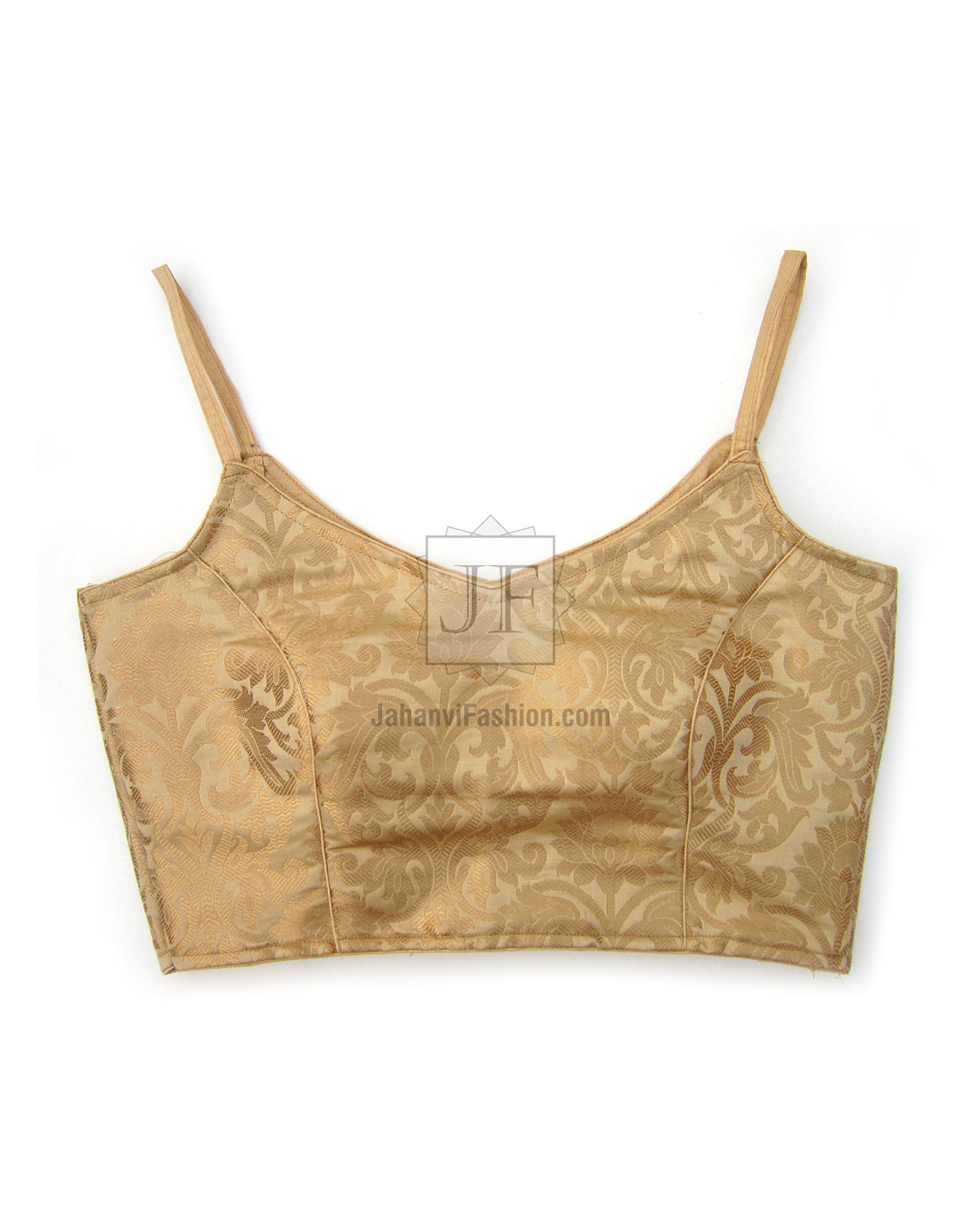 Golden brocade blouse with spaghetti straps, princess seams, V back open