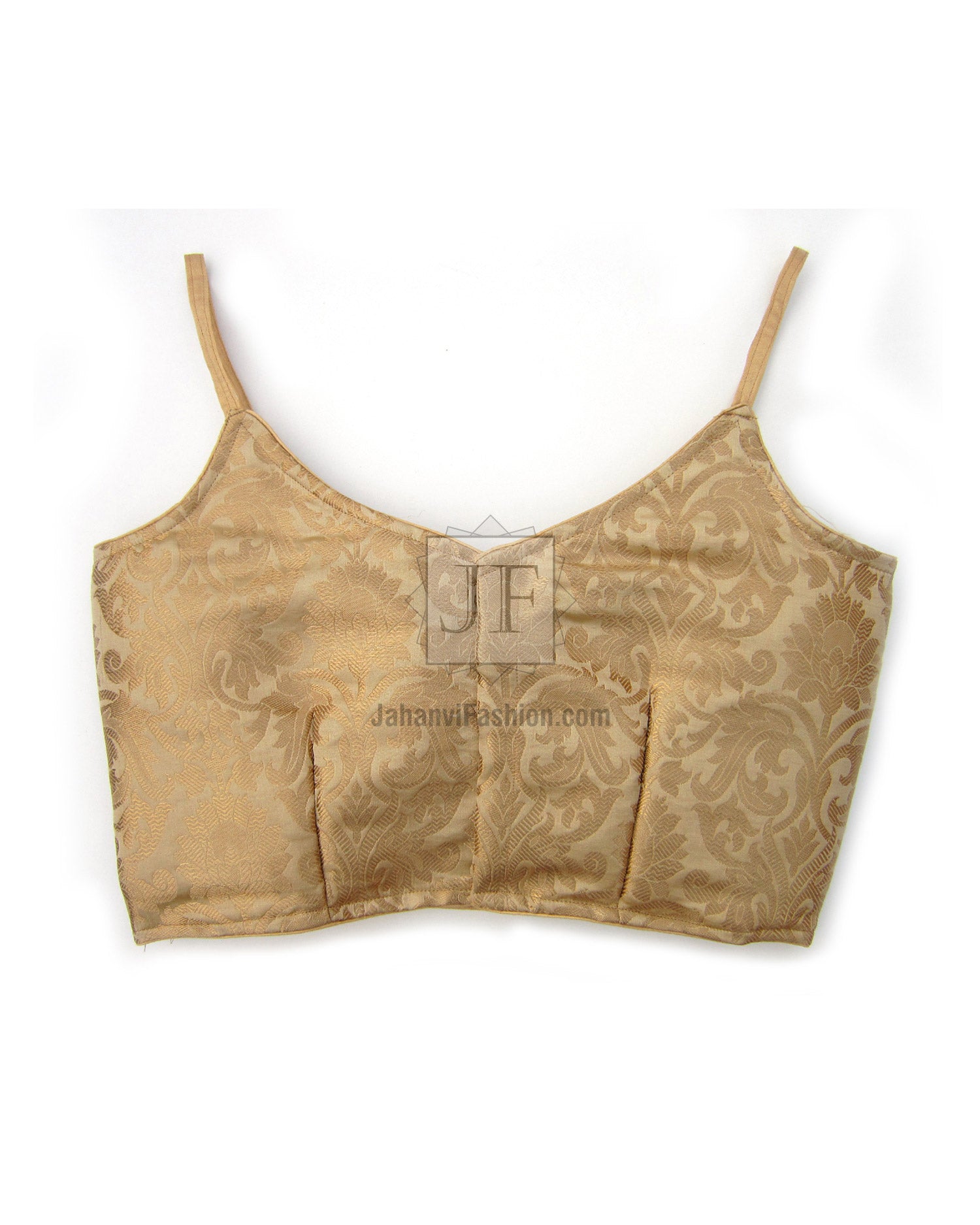 Golden brocade open-back blouse with spaghetti straps and princess cut seams