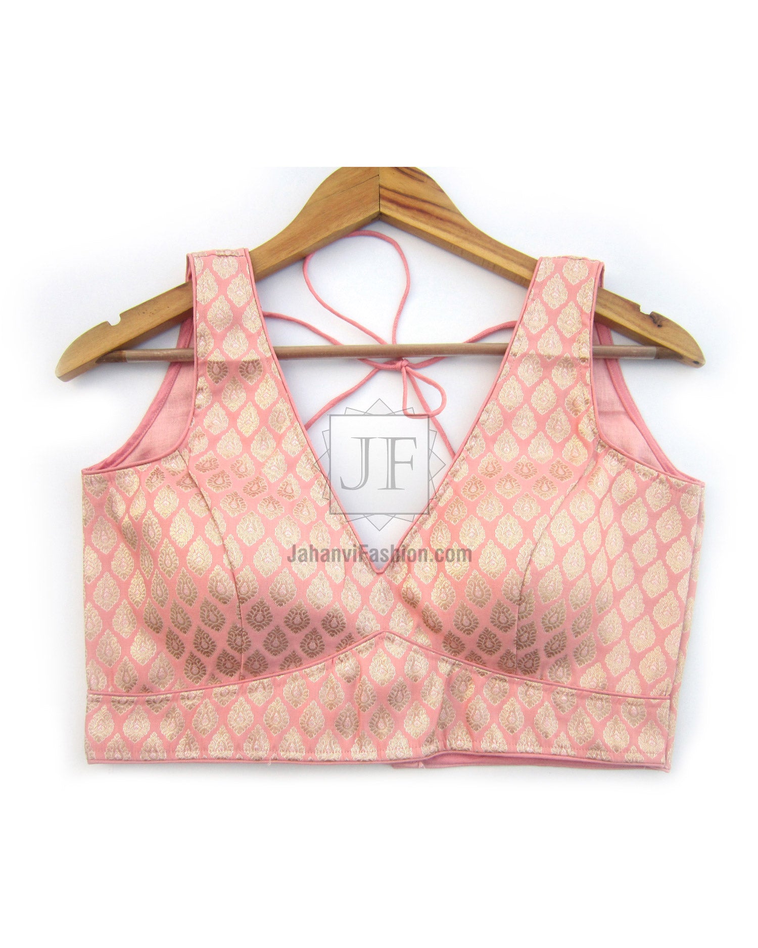 Pink brocade V-neck sleeveless saree blouse with bow tie and patterned border