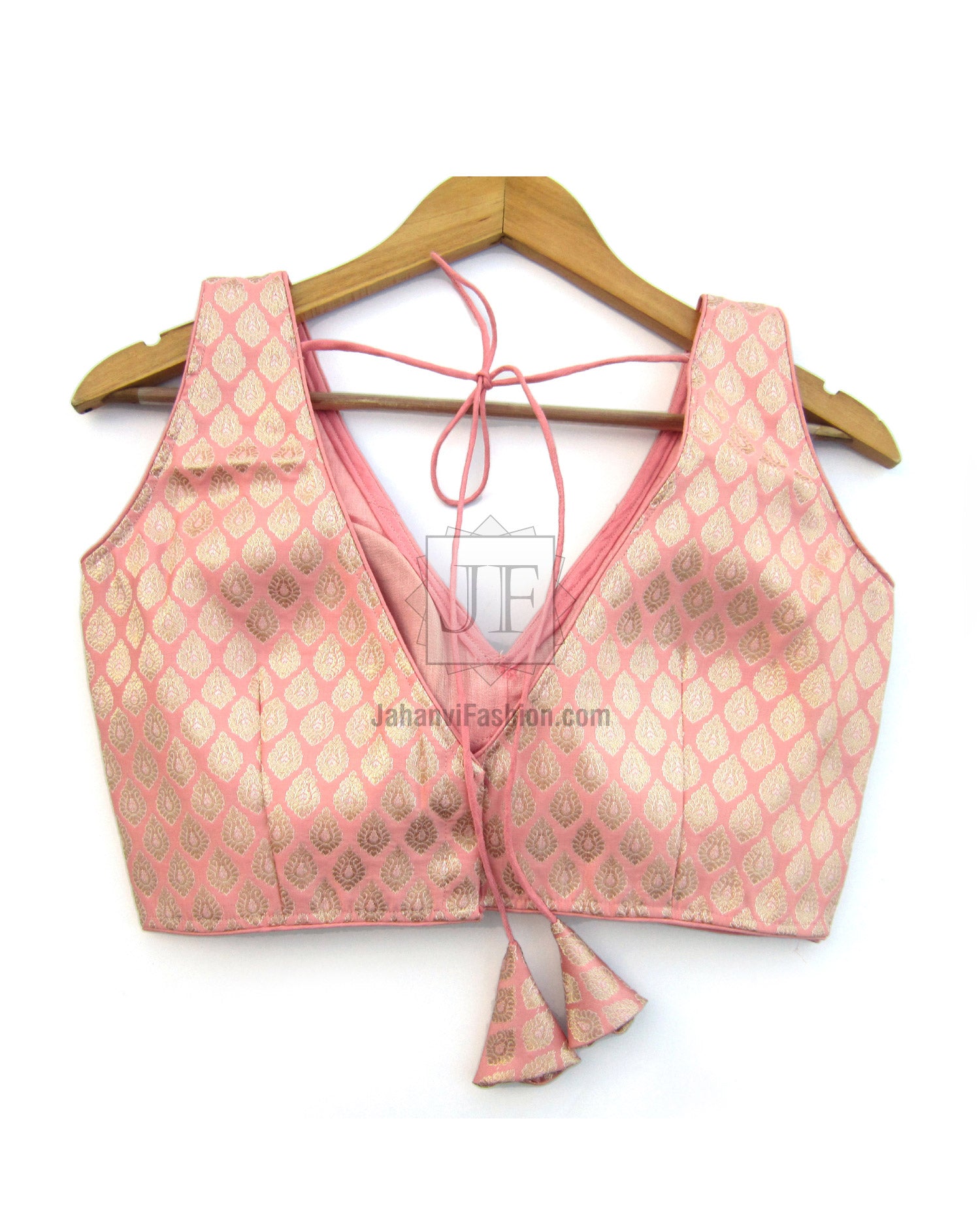 Pink brocade V-neck sleeveless saree blouse with front tie and embellished trim