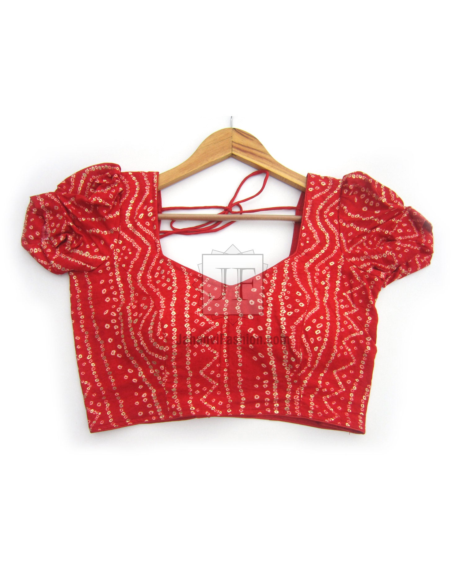 Red embellished blouse with square back and tie strings, puff sleeves