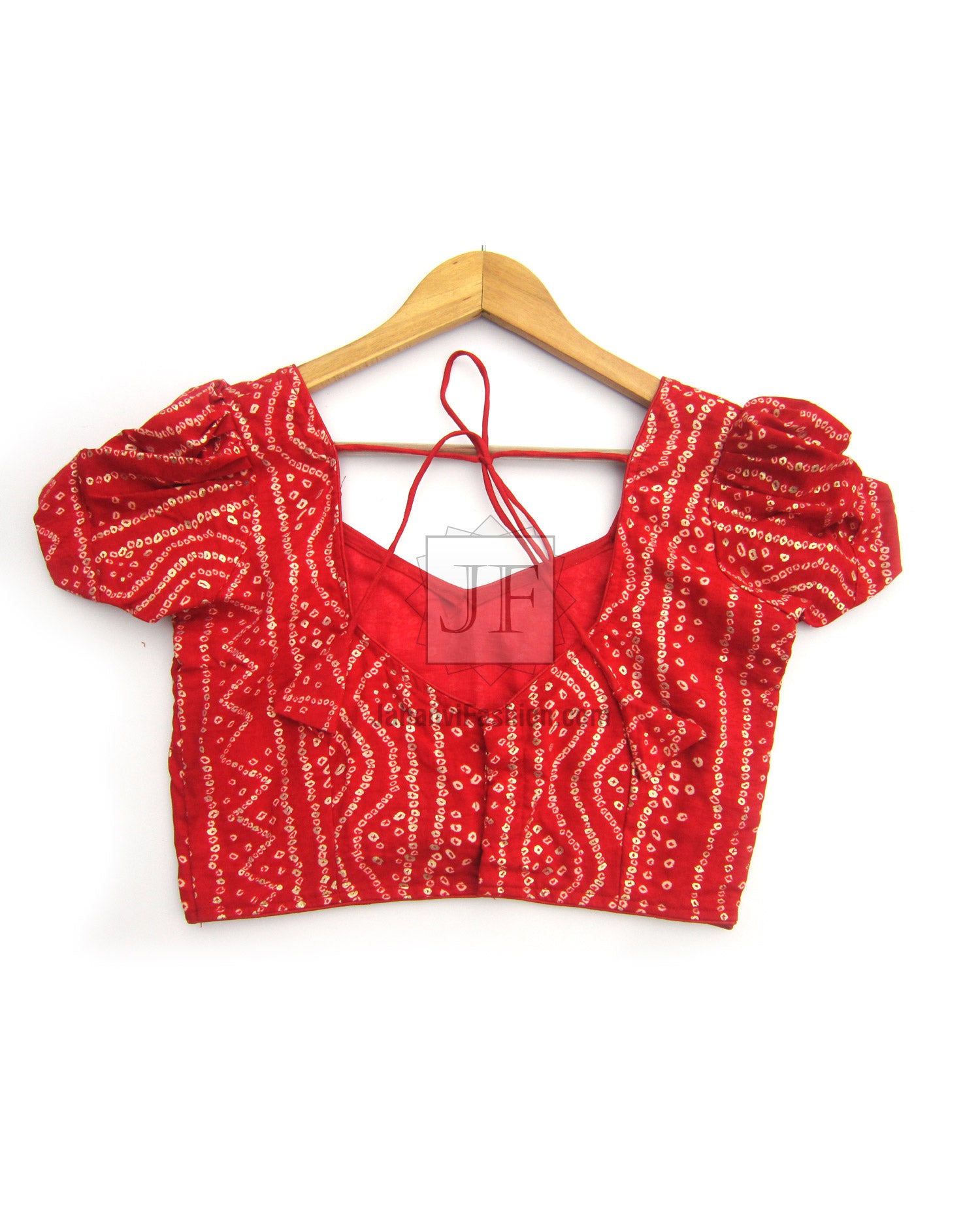 Red beaded blouse with square neck and puff sleeves, back hook