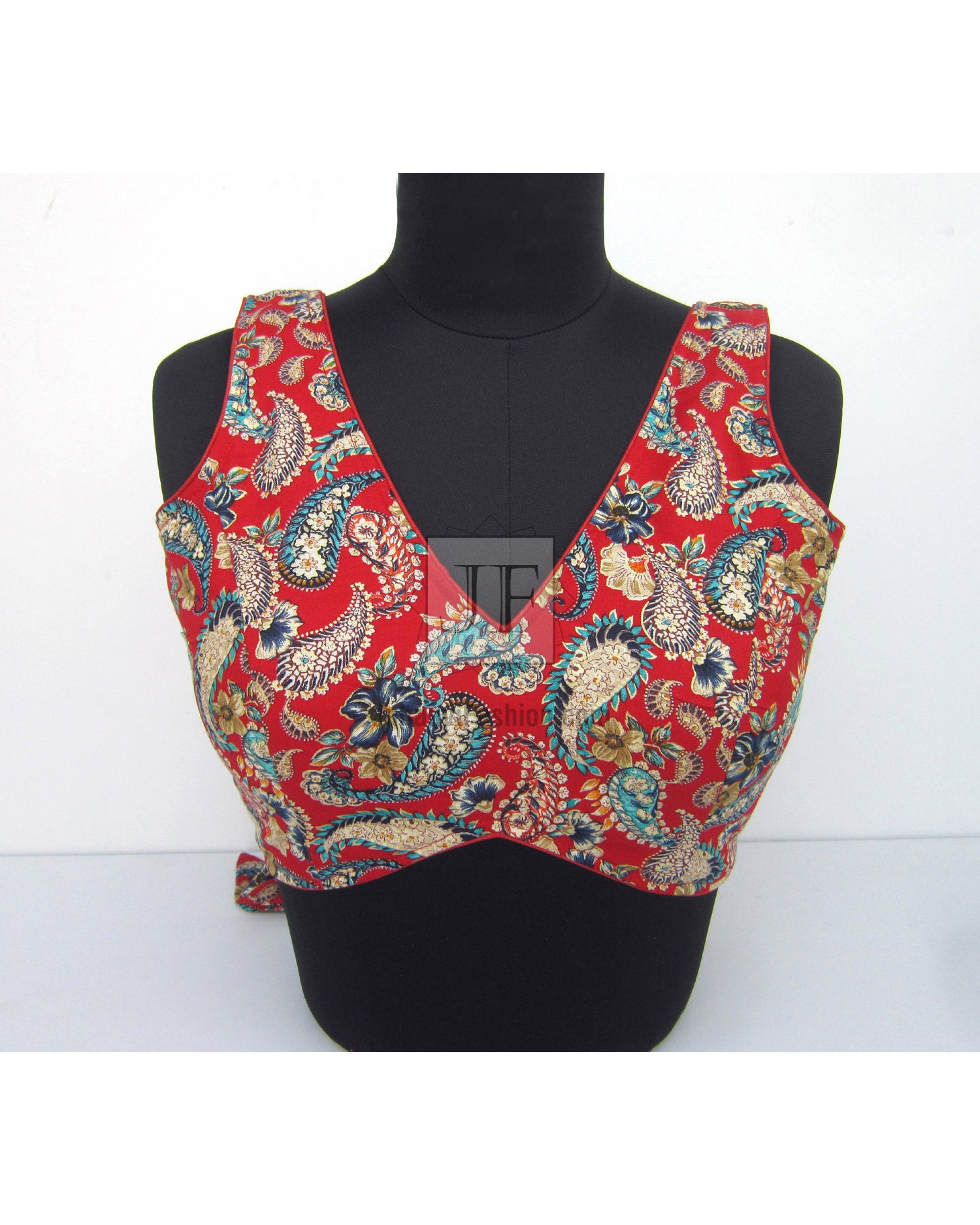 V-neck saree blouse with red and turquoise paisley front panels on black base, short sleeves