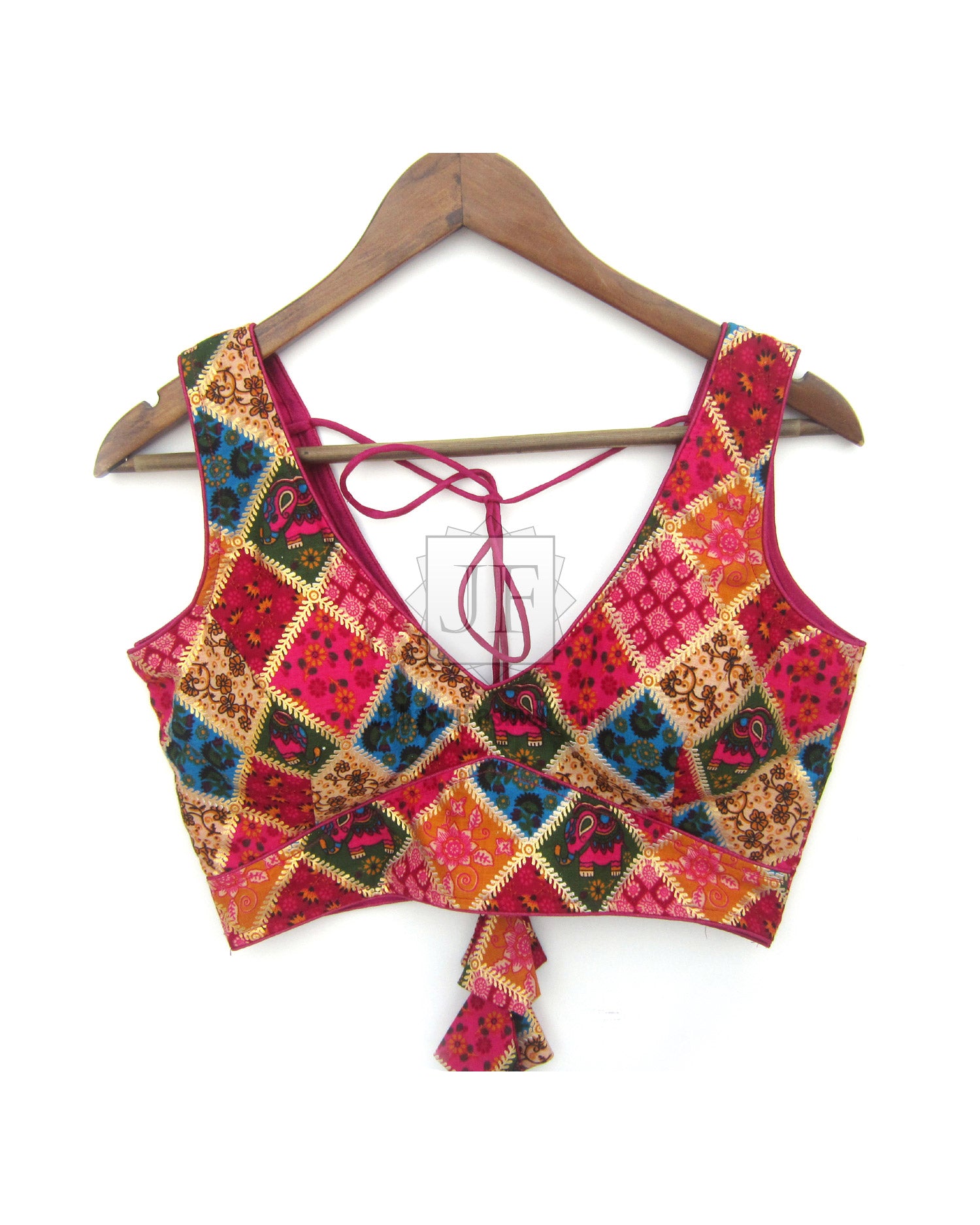 Multicolor embroidered blouse, deep V-neck with tie strings and magenta-blue-gold panels