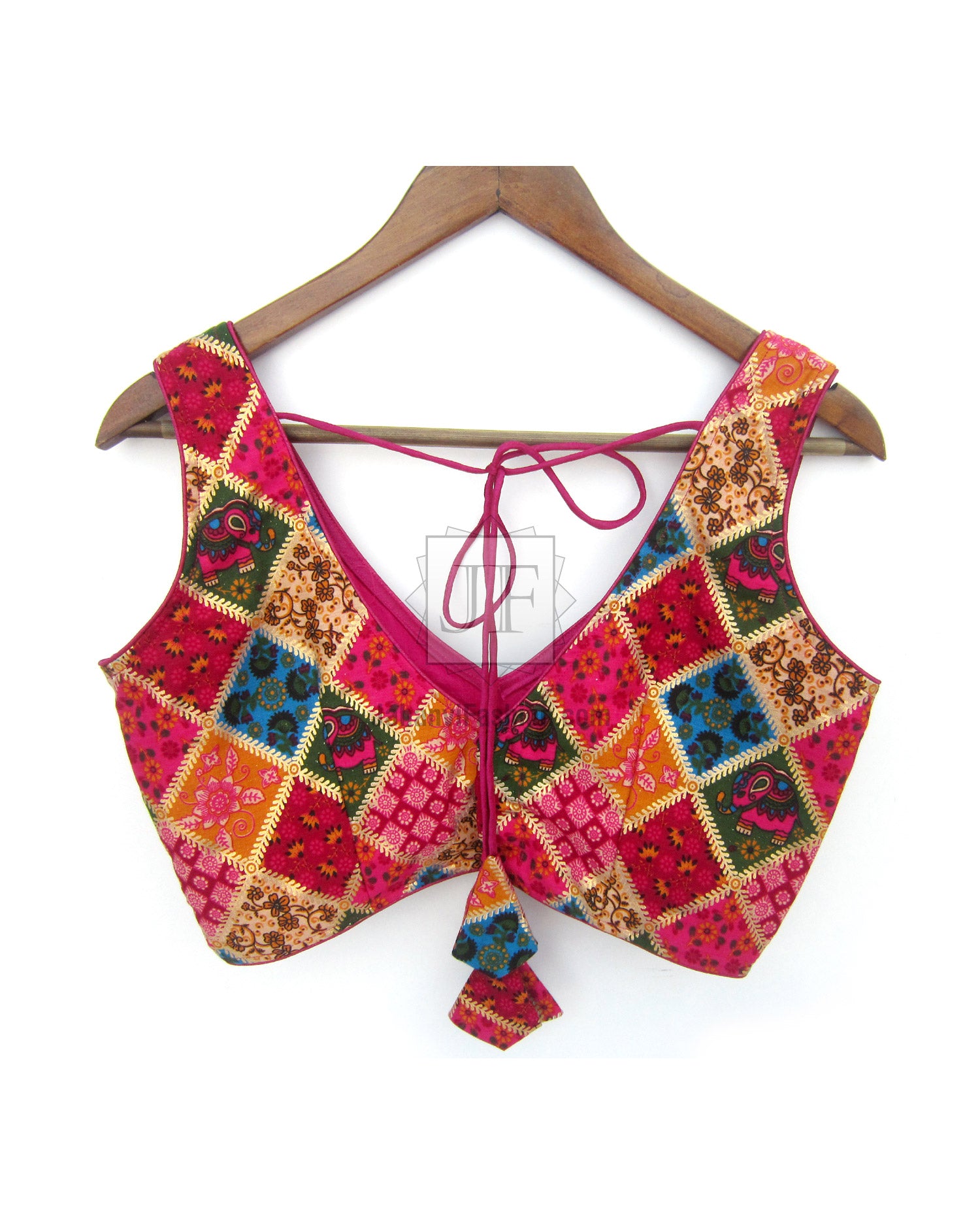 Multicolor embroidered saree blouse with deep V-neck and adjustable tie lace, patchwork magenta-gold