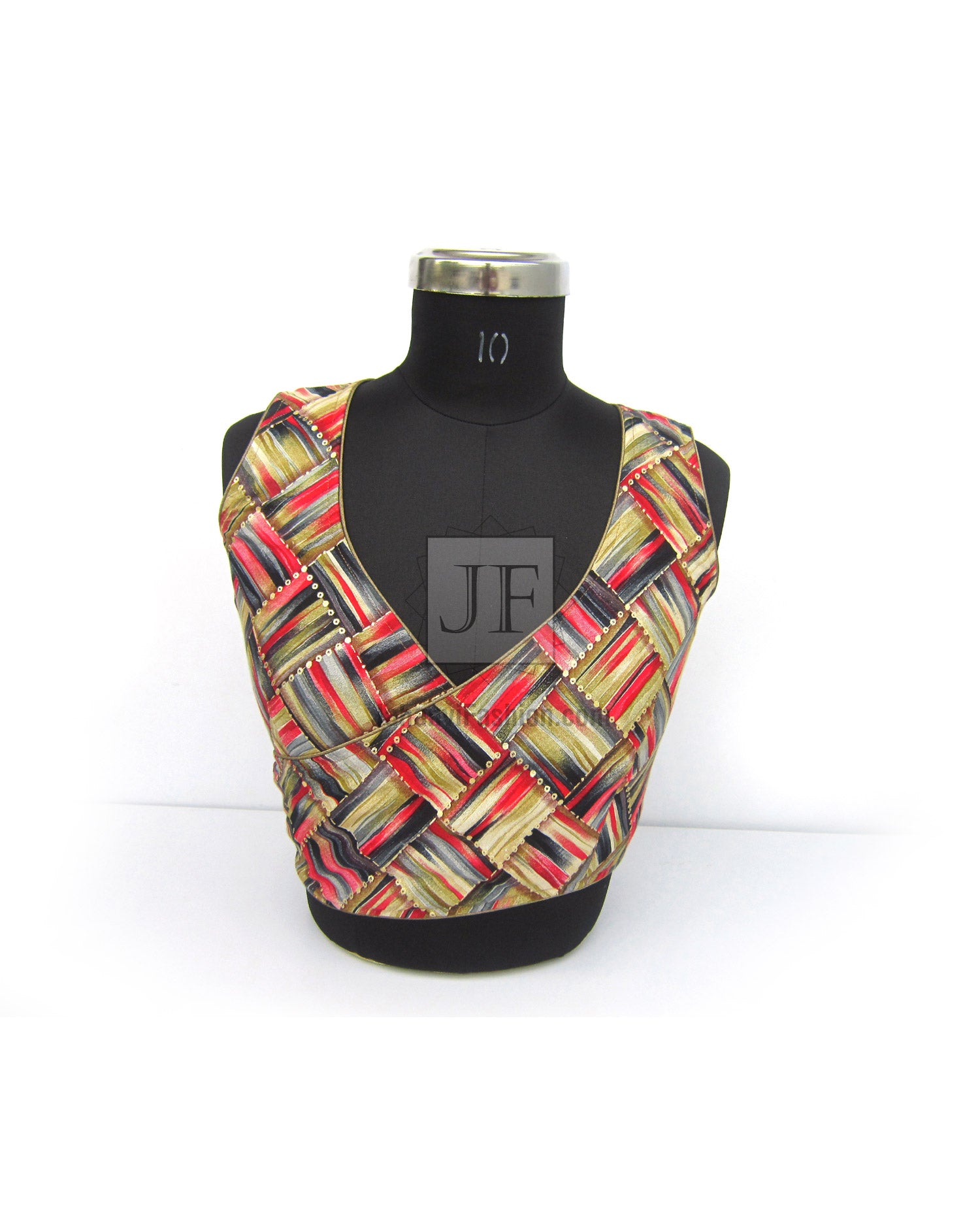 Front of multicolor patterned V-neck wrap crop top blouse with short sleeves