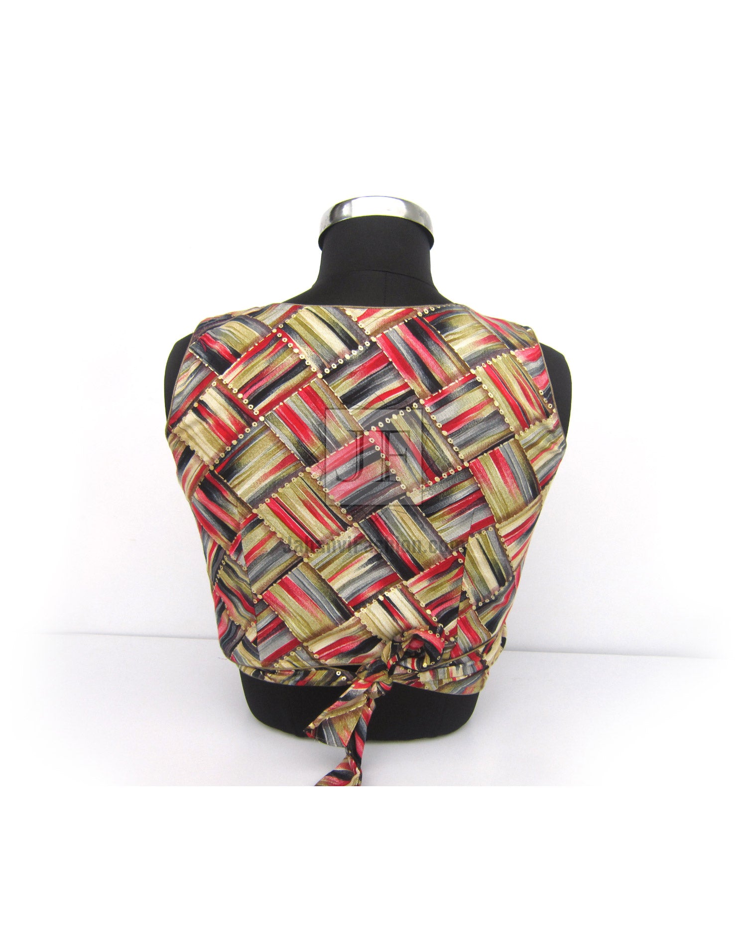 Back of multicolor patterned wrap crop top blouse with short sleeves