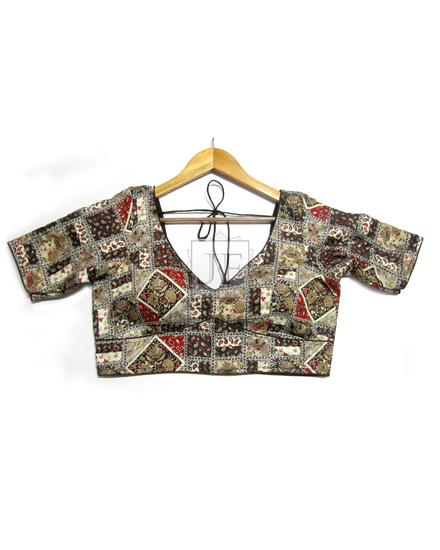 V-neck saree blouse with short sleeves, repeating multicolor check motifs, stitched trim