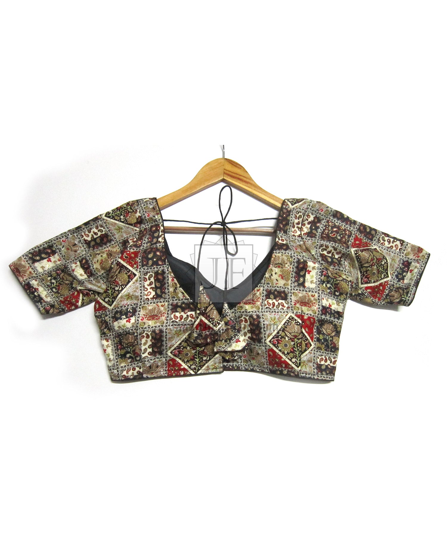 V-neck saree blouse, short sleeves, multicolor designer check pattern with trim