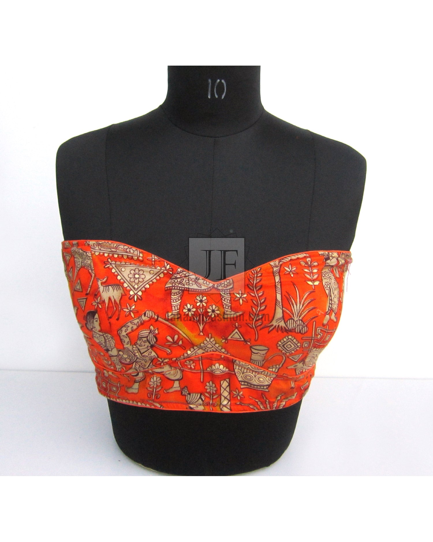 Sleeveless saree blouse off-shoulder style in red-orange patterned fabric