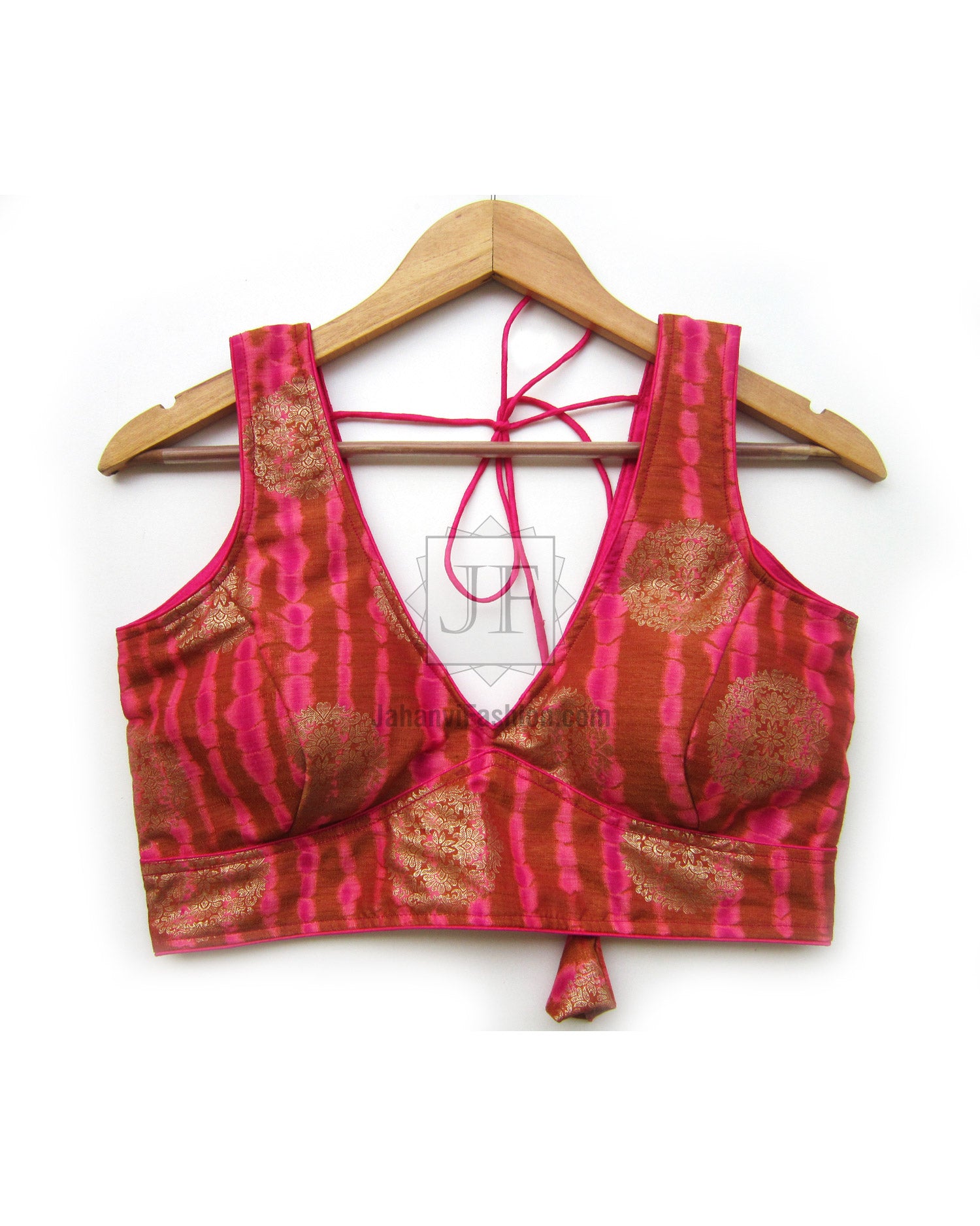 Magenta V-neck sleeveless blouse with gold motifs and back cross tie straps