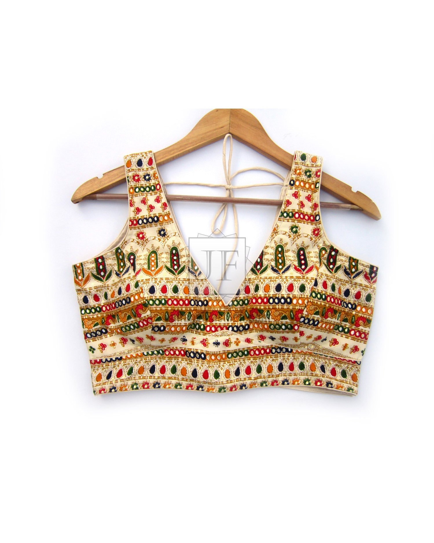 Embroidered halter crop top, sleeveless V-neck with multicolor beadwork and tie strings