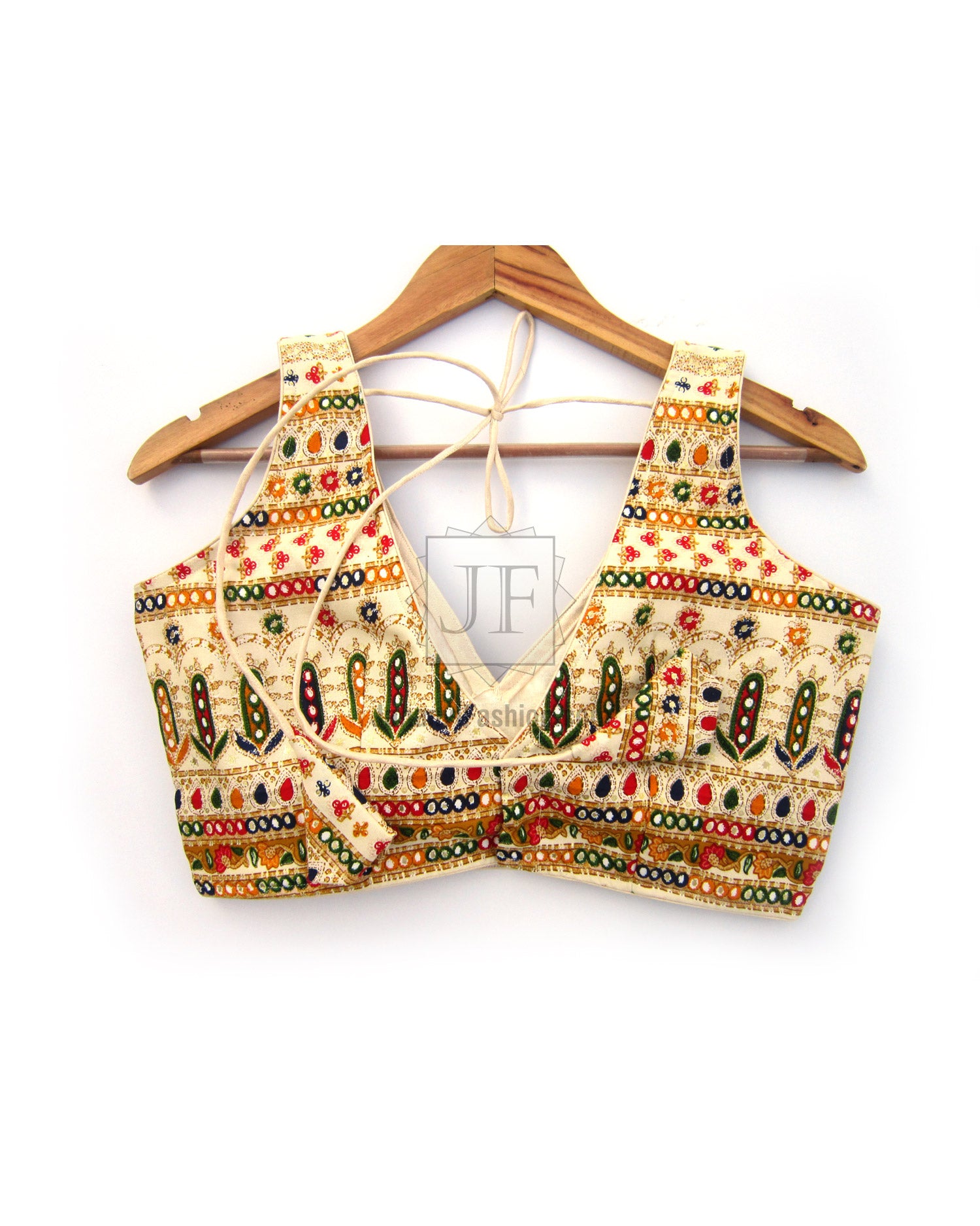 Embroidered halter crop top, sleeveless with multicolor border and tie-front neckline
