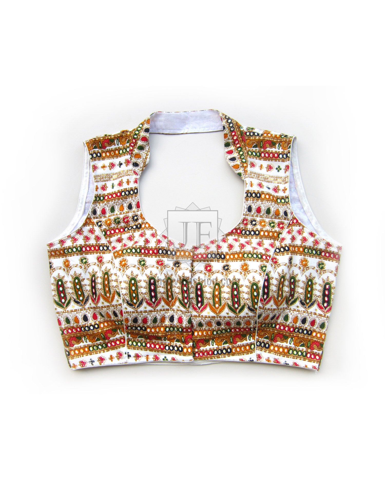 Multicolor embroidered sleeveless blouse with U-neck and ornate border pattern trim