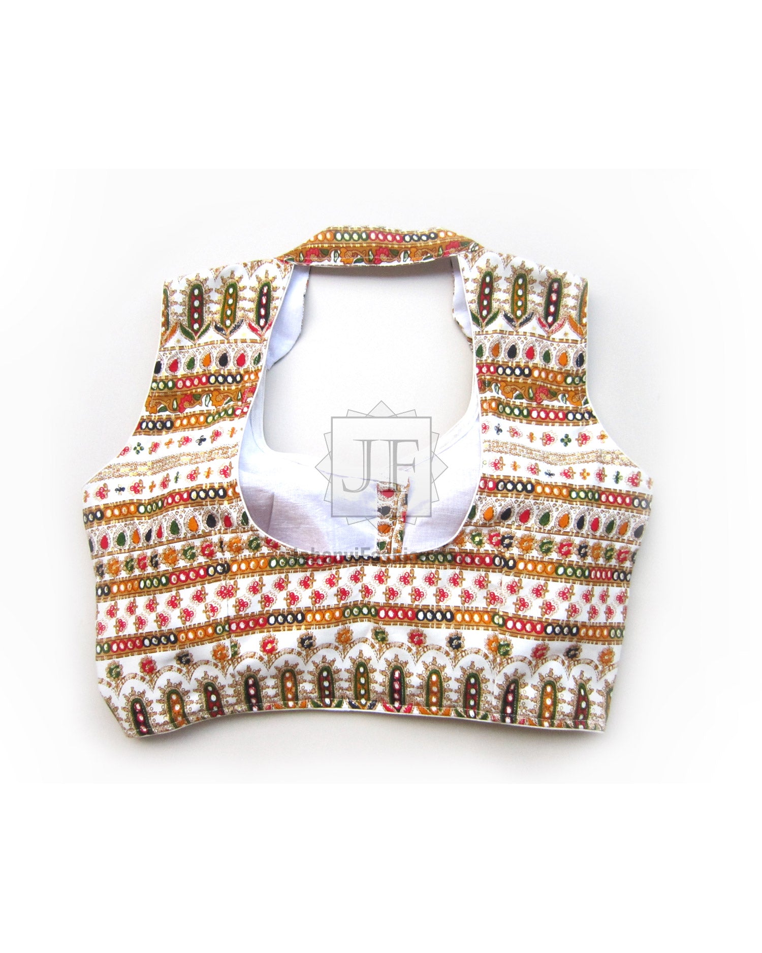 Multicolor embroidered sleeveless blouse with U-neck, gold trim and banded patterns
