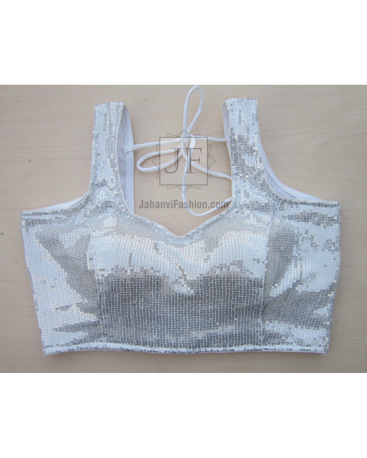 Silver sequin sleeveless crop top blouse, wide straps, V neckline