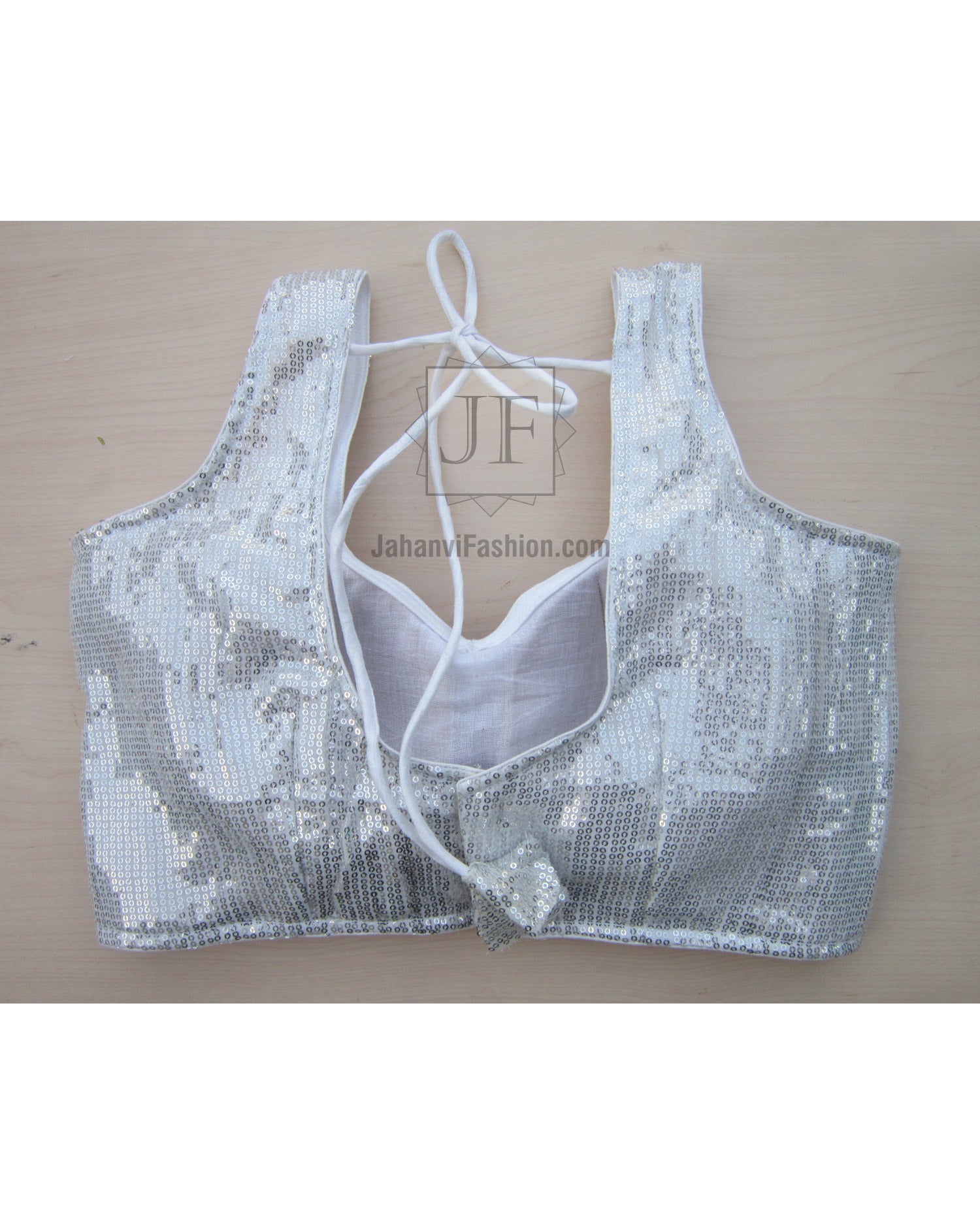 Silver sequin sleeveless crop top blouse, wide straps, V neckline, open back